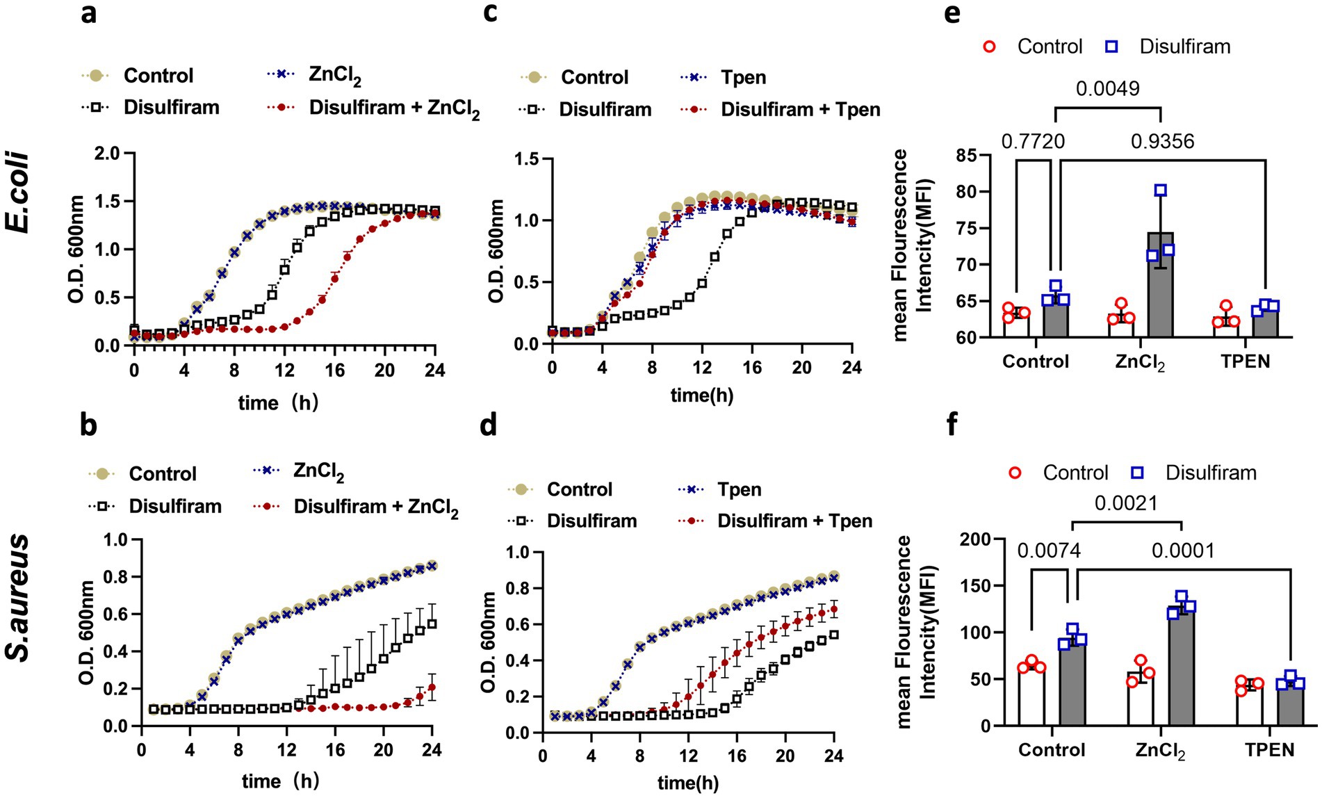 Graphs show bacterial growth and fluorescence intensity. Panels a and c display E. coli growth with different treatments: control, ZnClâ‚‚, disulfiram, and combinations, over 24 hours. Panels b and d show S. aureus growth under the same conditions. Panels e and f present mean fluorescence intensity across different treatments, with statistical significance indicated. Treatments involve ZnClâ‚‚ and TPEN, impacting growth and fluorescence differently for E. coli and S. aureus.