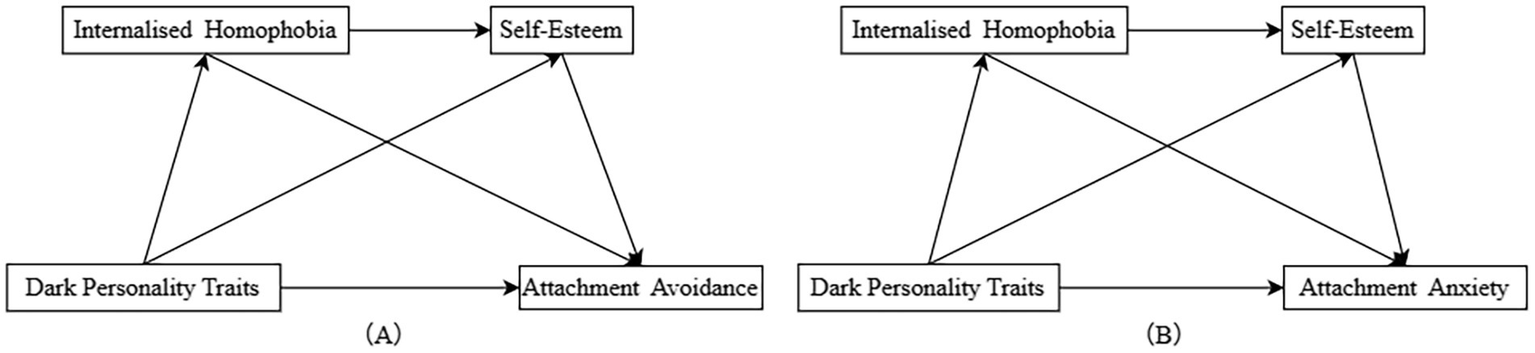 Diagram showing two models of psychological relationships. Model A shows arrows connecting "Internalised Homophobia" to "Self-Esteem," and "Dark Personality Traits" to "Attachment Avoidance." Arrows between these and "Dark Personality Traits" complete the connections. Model B replaces "Attachment Avoidance" with "Attachment Anxiety," with similar connections.