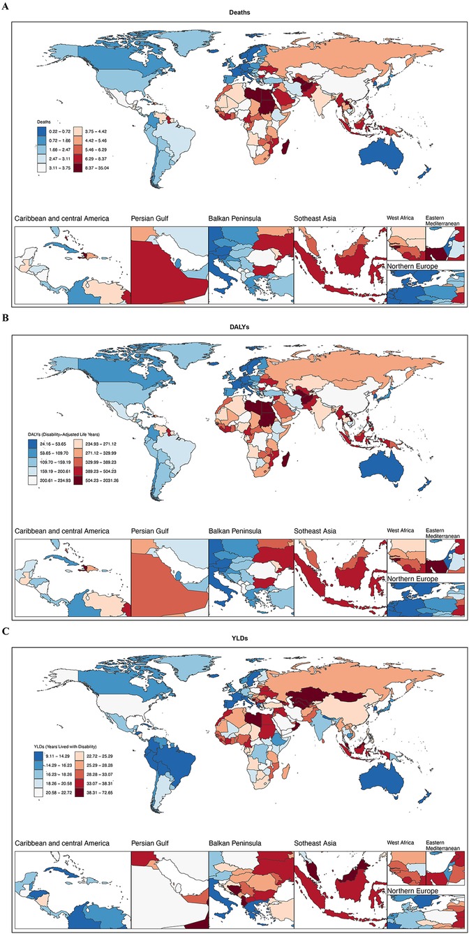 Three global heat maps show different health metrics. Map A illustrates death rates with varying colors indicating intensity. Map B displays Disability-Adjusted Life Years (DALYs), similarly color-coded. Map C shows Years Lived with Disability (YLDs), also using a color scale. Insets highlight specific regions: Caribbean and Central America, Persian Gulf, Balkan Peninsula, Southeast Asia, West Africa, Eastern Mediterranean, and Northern Europe. Each map includes a color legend for interpretation.
