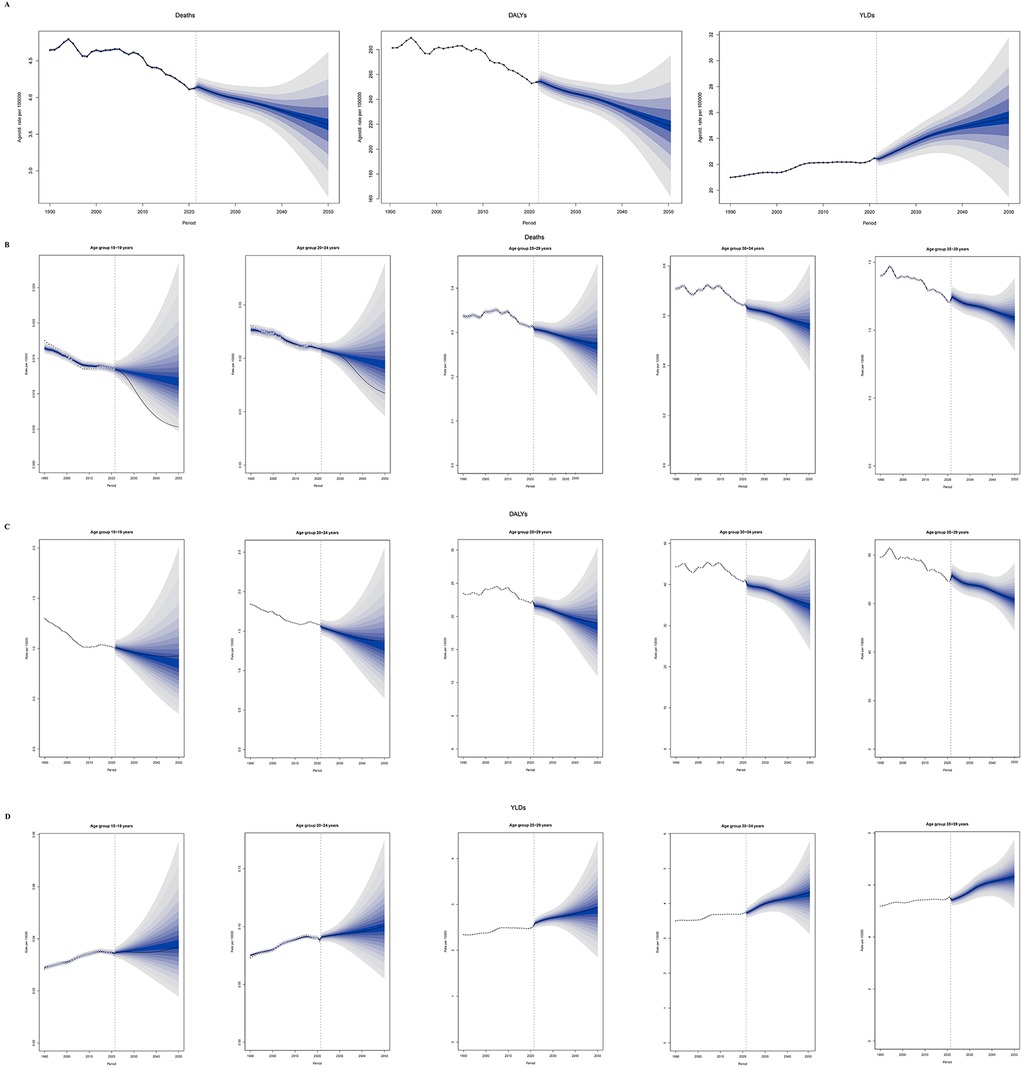 A series of line graphs depicting projections and trends from 1990 to 2050, segmented by age group. Graphs illustrate deaths, DALYs (Disability-Adjusted Life Years), and YLDs (Years Lived with Disability) with shaded confidence intervals. Panel A shows overall trends for each category. Panels B, C, and D detail specific trends for age groups 50-69, 70-89, and above 90, respectively. Graphs are marked by a vertical line indicating projections.