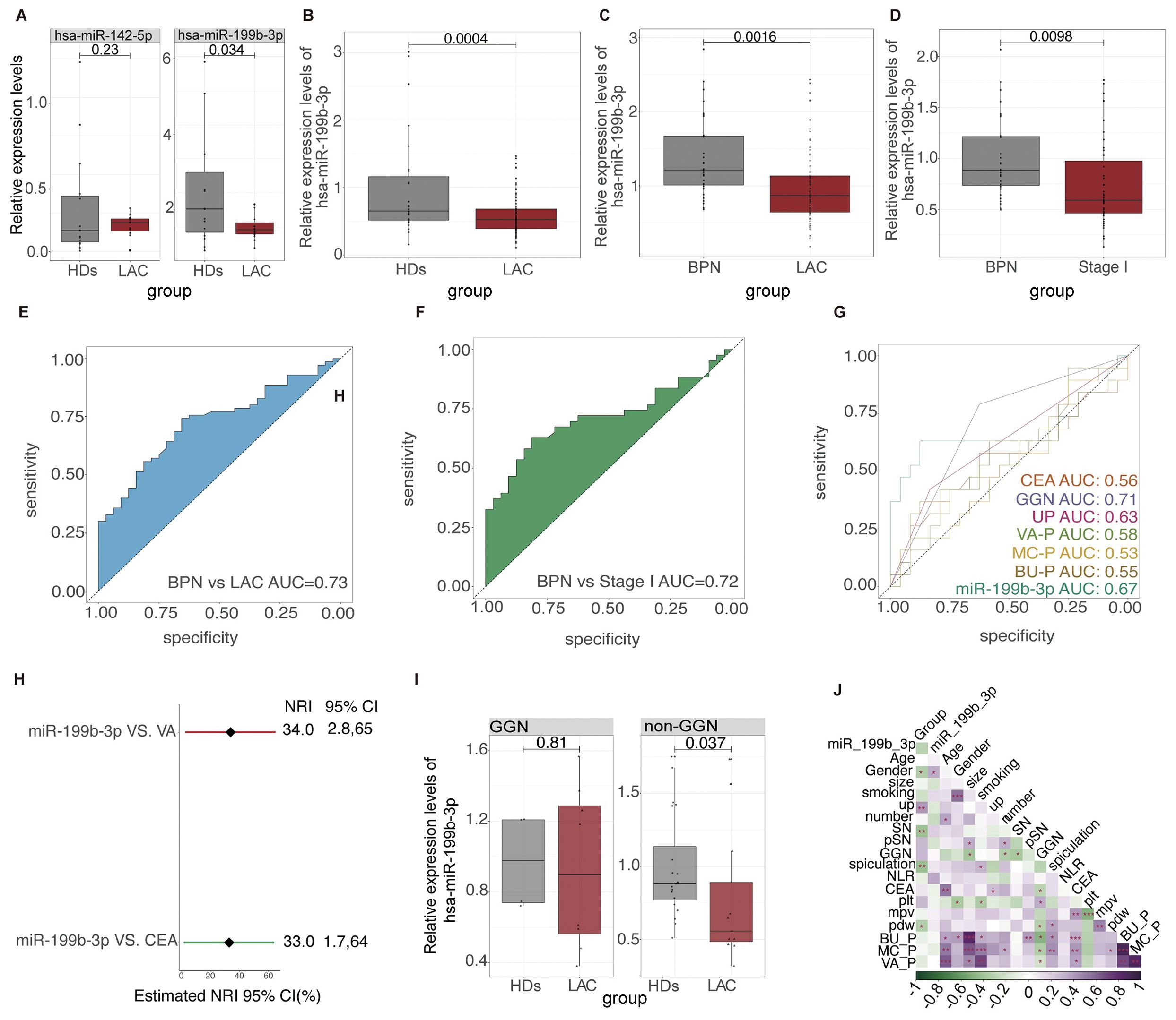 The image contains multiple panels analyzing miRNA expression in different conditions. Panels A-D present box plots showing relative expression levels, with statistical significance indicated above. Panels E-G contain ROC curves illustrating sensitivity and specificity for various conditions, with area under the curve (AUC) values noted. Panel H displays a forest plot with net reclassification improvement (NRI) and confidence intervals. Panel I shows box plots of miRNA levels in GGN and non-GGN groups. Panel J is a correlation matrix heatmap displaying relationships between various clinical and molecular features.