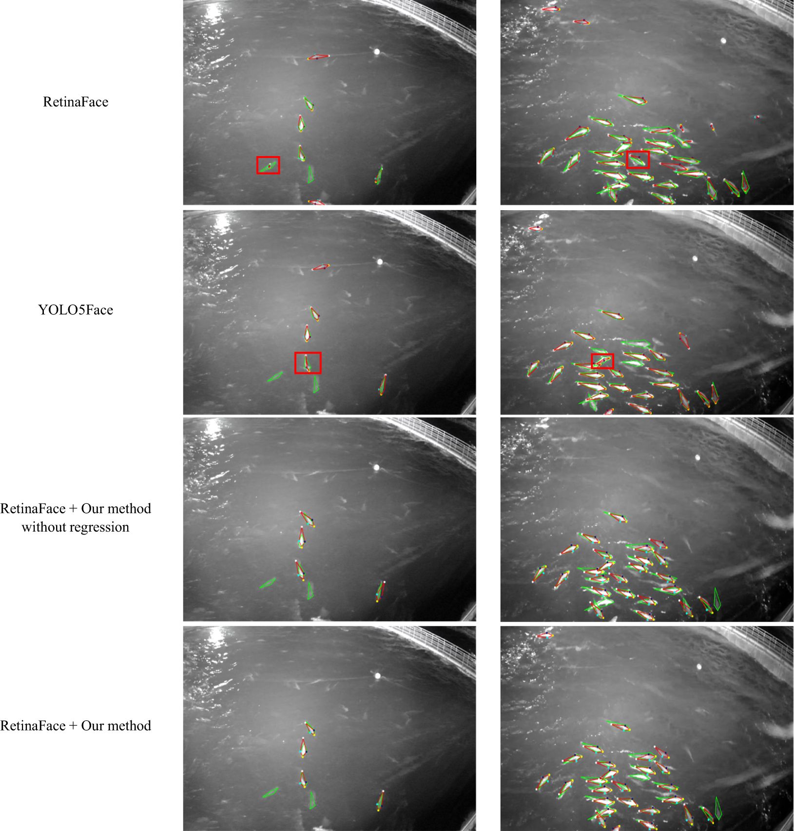 Comparison of fish detection methods across four rows, each labeled with different approaches: RetinaFace, YOLO5Face, RetinaFace plus method without regression, and RetinaFace plus method. Each row contains two images showing detection results, with fish outlined in various colors and some enclosed in red boxes, demonstrating different detection accuracies and densities.