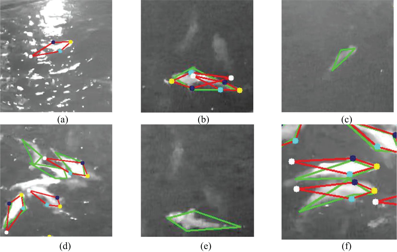 Six panels show images with overlayed geometric shapes and colored dots on grayscale backgrounds. Each panel contains different configurations of shapes marked in red and green lines, with blue, yellow, and white dots at the vertices. Panels vary in complexity, suggesting movement or tracking over time. Each panel is labeled with letters (a) to (f).