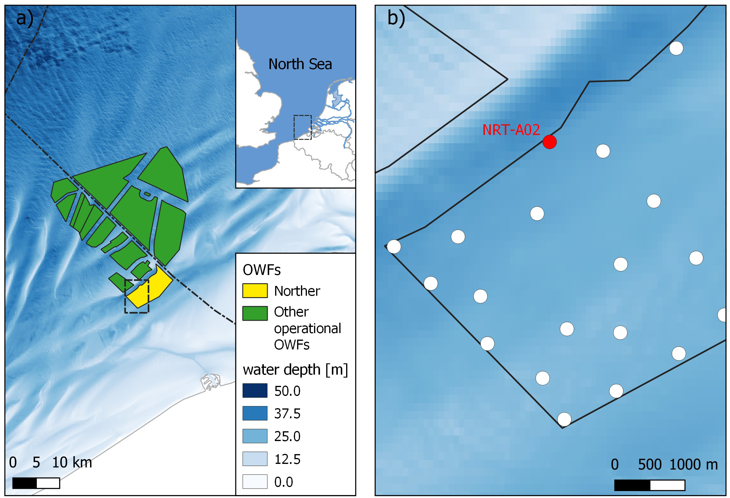 Map showing offshore wind farms (OWFs) in the southern North Sea. Panel a) details area locations, with green indicating OWFs not studied here, while yellow indicates the studied Norther OWF. Water depths range from 0.0 to 50.0 meters, represented in shades of blue. Inset map shows the greater North Sea region. Panel b) highlights a detailed section of OWF Norther, showing location of turbines (white dots). Red dot indicates turbine “NRT-A02” around which we focused our measurements.