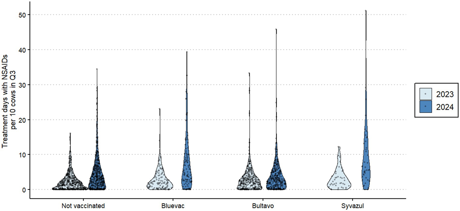Violin plot comparing treatment days with NSAIDs per ten cows in Q3, across four groups: Not vaccinated, Bluevac, Bultavo, and Syvazul. Data is shown for years 2023 and 2024, with distinct shades.