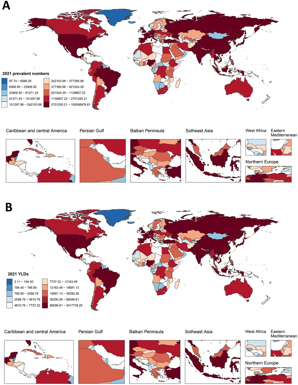 Map visualization with two sections (A and B) showing global data. Section A displays 2021 prevalent numbers, and Section B shows 2021 Years Lived with Disability (YLDs). Both maps use color gradations from blue to dark red to represent ranges of data, with darker red indicating higher values. Insets for regions like the Caribbean, Persian Gulf, Balkan Peninsula, Southeast Asia, West Africa, Eastern Mediterranean, and Northern Europe highlight detailed views.