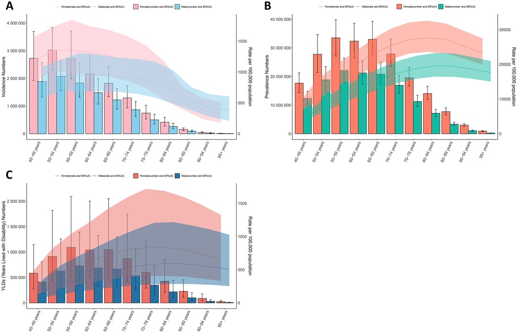Three bar charts display health data. Chart A shows incidence numbers and rates per 100,000 for different age groups, with female data in red and male data in blue. Chart B shows prevalence numbers and rates, with similar color coding. Chart C illustrates years lived with disability (YLD) numbers and rates, also using red for females and blue for males. Error bars and shaded areas represent the 95% uncertainty interval.