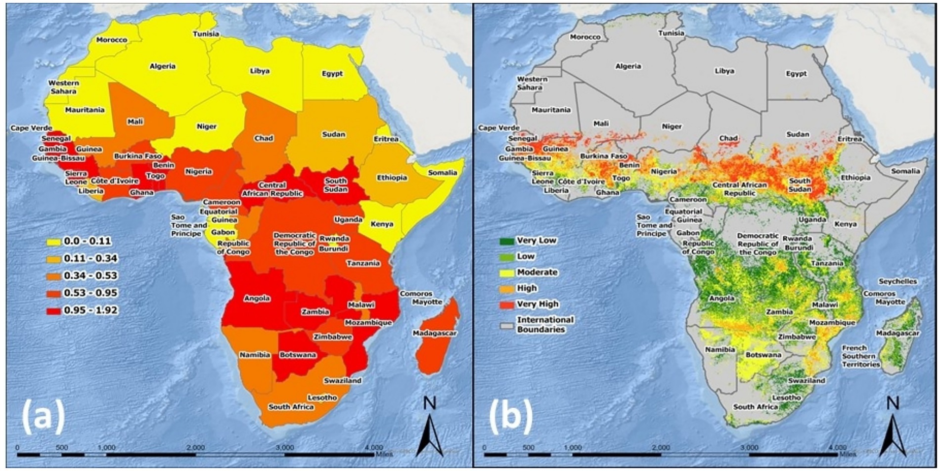 Two maps of Africa illustrating climate-related data. Map (a) shows aridity levels with a color gradient from yellow (low) to red (high). Map (b) depicts vegetation cover, from green (very low density) to red (very high density). Labels show country boundaries and names.