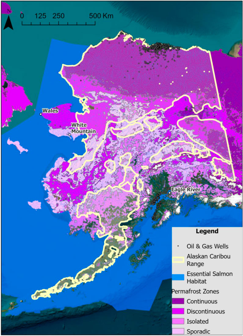 Map of Alaska showing permafrost zones in shades of purple, Alaskan caribou range in yellow outline, essential salmon habitat in dark blue, and oil and gas wells as black dots. Locations such as Wales, White Mountain, and Eagle River are labeled. A legend explains the symbols and colors.