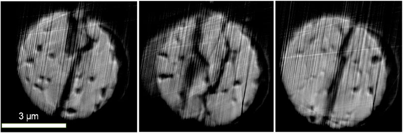 Three greyscale CT scan images show round objects with varied internal structures. Vertical streaks cross each image. The left image has a scale of three micrometers.