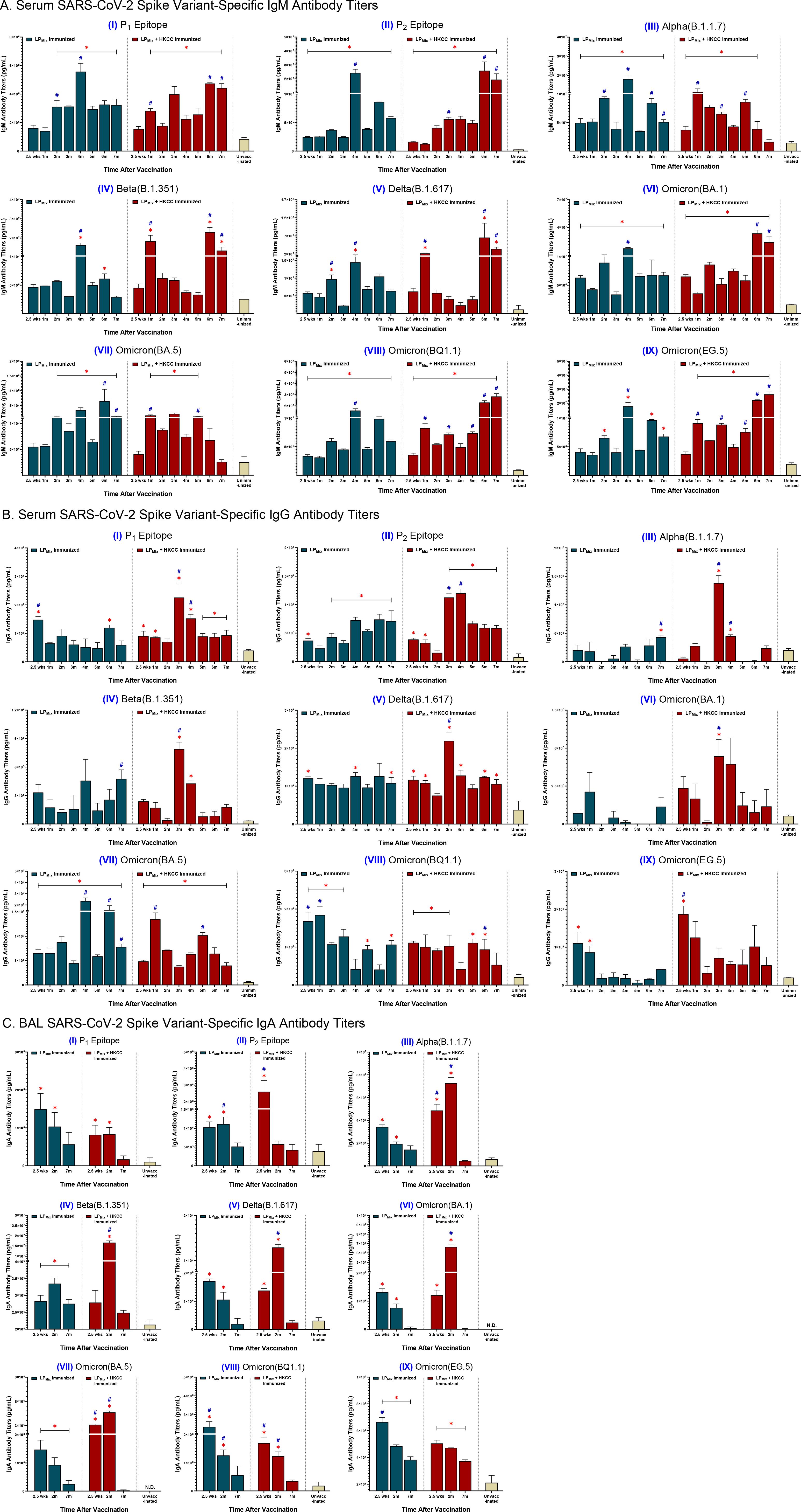 Multiple bar graphs showing serum and BAL SARS-CoV-2 spike variant-specific IgM, IgG, and IgA antibody titers. Each graph represents different variants like Alpha, Delta, and Omicron. The x-axis marks time after vaccination, while the y-axis shows antibody titers. Different colors denote antibody responses from mRNA and adenoviral vaccinations. Statistical significance is marked by asterisks, showing variation over time and across variants.