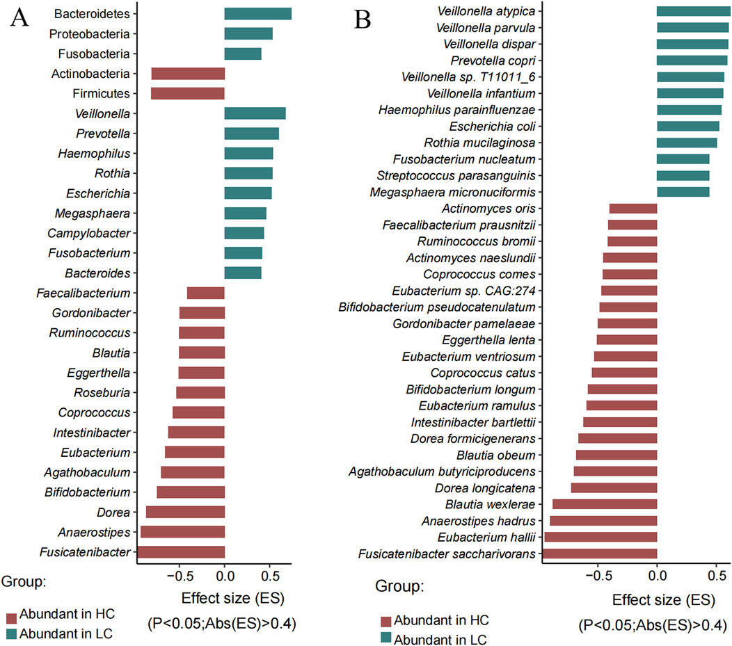 Two bar charts labeled A and B compare bacterial abundance in healthy controls (HC) and liver cirrhosis (LC) using effect size (ES). Chart A shows various bacteria with blue bars for LC and red for HC. Chart B displays more detailed bacterial species, similarly color-coded. Key indicates red for HC abundance and blue for LC, with significance specified as P<0.05 and absolute ES>0.4.