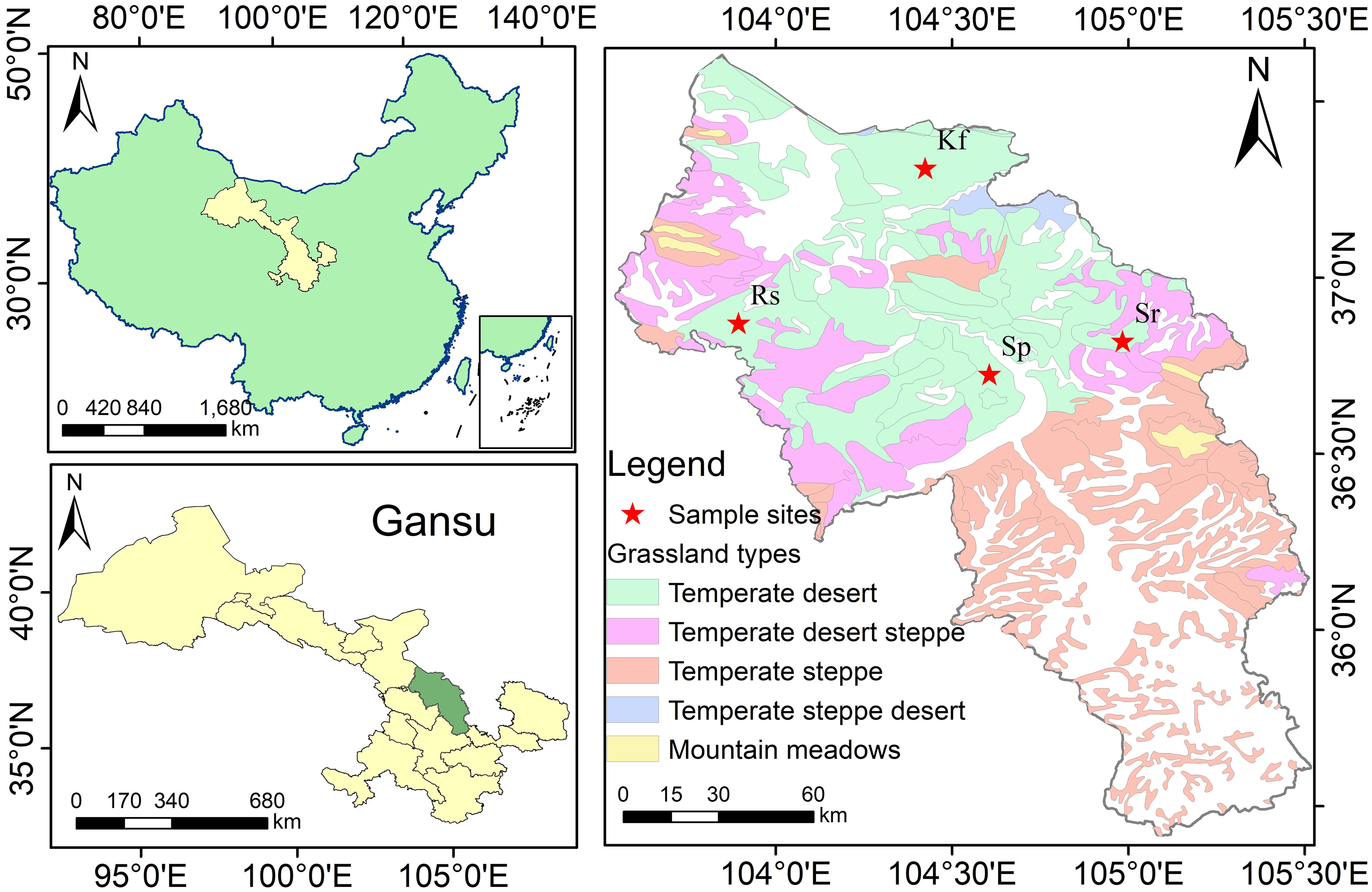 Map illustrating grassland types in Gansu, China, with sample sites marked by red stars. It features temperate deserts, desert steppes, temperate steppes, steppe deserts, and mountain meadows. Insets highlight Gansu's location within China, with different scales provided for reference.