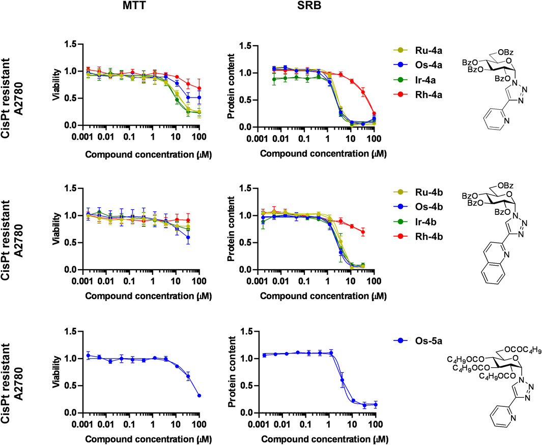 Six line graphs display the effect of compounds 4a, 4b, and 5a on protein content across three cell lines: A2780, ID8, and human primary fibroblasts. Each graph compares different derivatives (black, yellow, blue, green, and red lines) over varying compound concentrations from 0.001 to 100 micromolar. The graphs generally show a decrease in protein content as concentration increases, with variations depending on the compound. Chemical structures are shown beside the graphs for 4a, 4b, and 5a. Error bars indicate variability among data points.