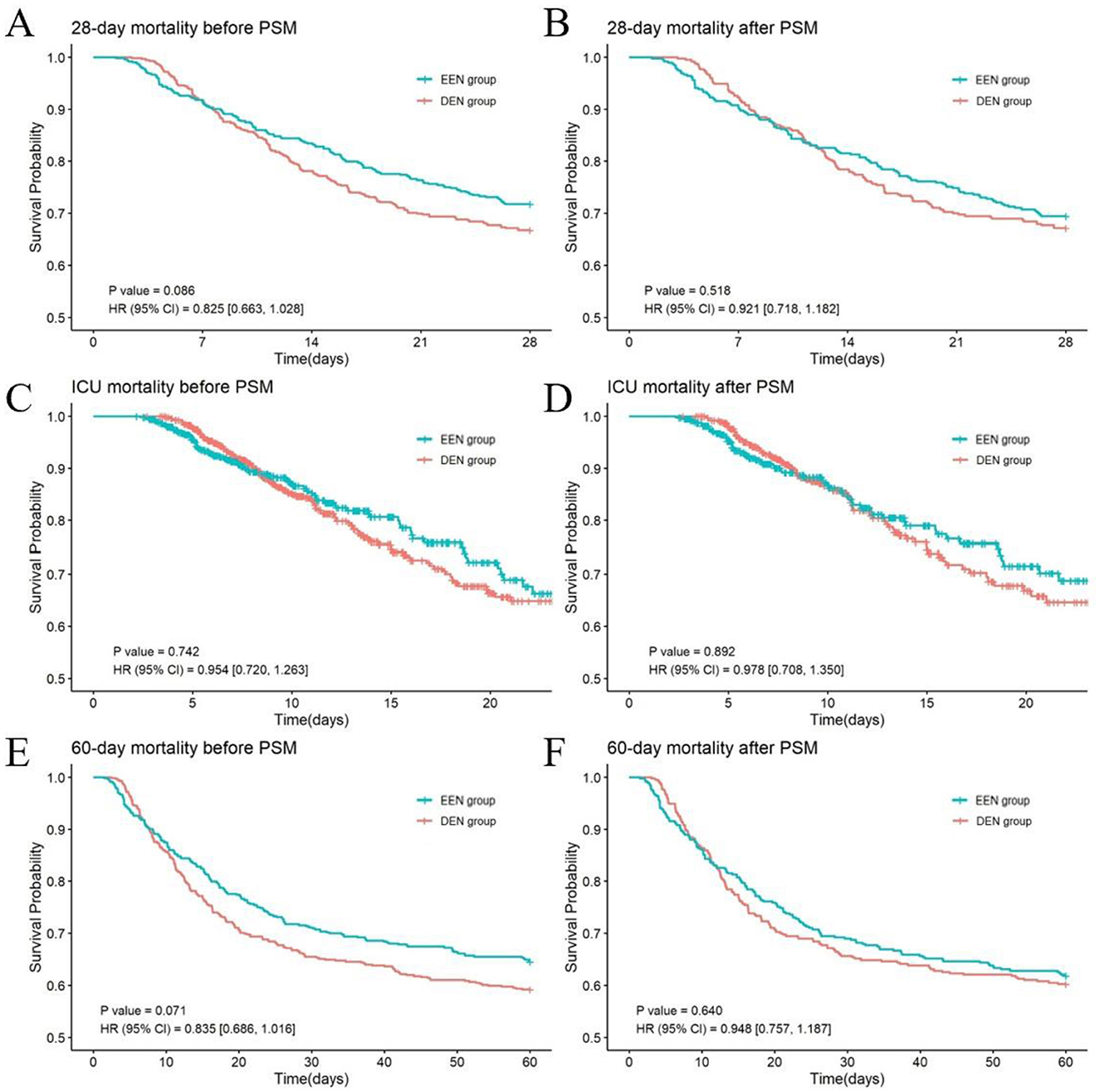 Six Kaplan-Meier survival curves comparing EEN and DEN groups. Graphs A and B show 28-day mortality before and after PSM, respectively, with similar trends. Graphs C and D depict ICU mortality before and after PSM, with no significant differences. Graphs E and F illustrate 60-day mortality before and after PSM, showing consistent patterns. Each graph includes a survival probability over time, with p-values and hazard ratios noted.