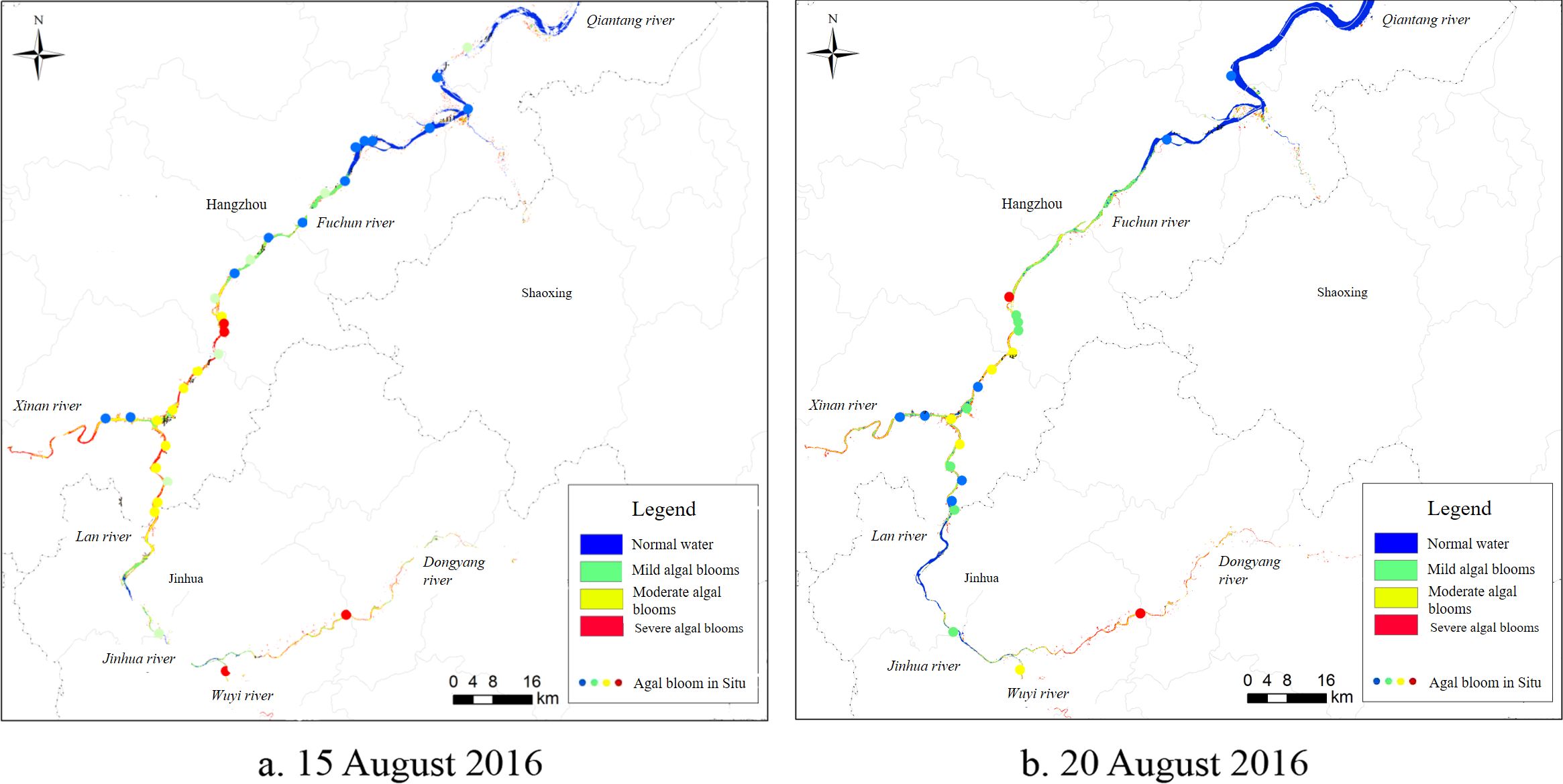Two side-by-side maps of river regions are shown. Map (a) depicts normal water in blue, mild algal blooms in green, moderate blooms in yellow, and severe blooms in red. Notable rivers include Xinan, Lan, Jinhua, and Fuchun, with cities like Hangzhou and Jinhua marked. Map (b) shares the same legend and locations, illustrating similar water conditions and bloom severity. Both maps feature a north arrow and scale bar, with legends indicating different bloom intensities.