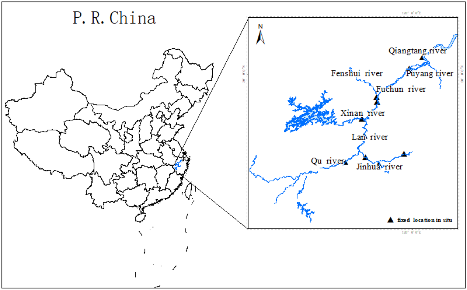Map of China highlighting several rivers in a close-up view. The rivers identified are Qiantang, Puyang, Fuchun, Xin'an, Fenshui, Lan, Qu, and Jinhua. Triangles mark fixed locations in situ. An inset shows the detailed river network in a specific region along the southeastern coast.