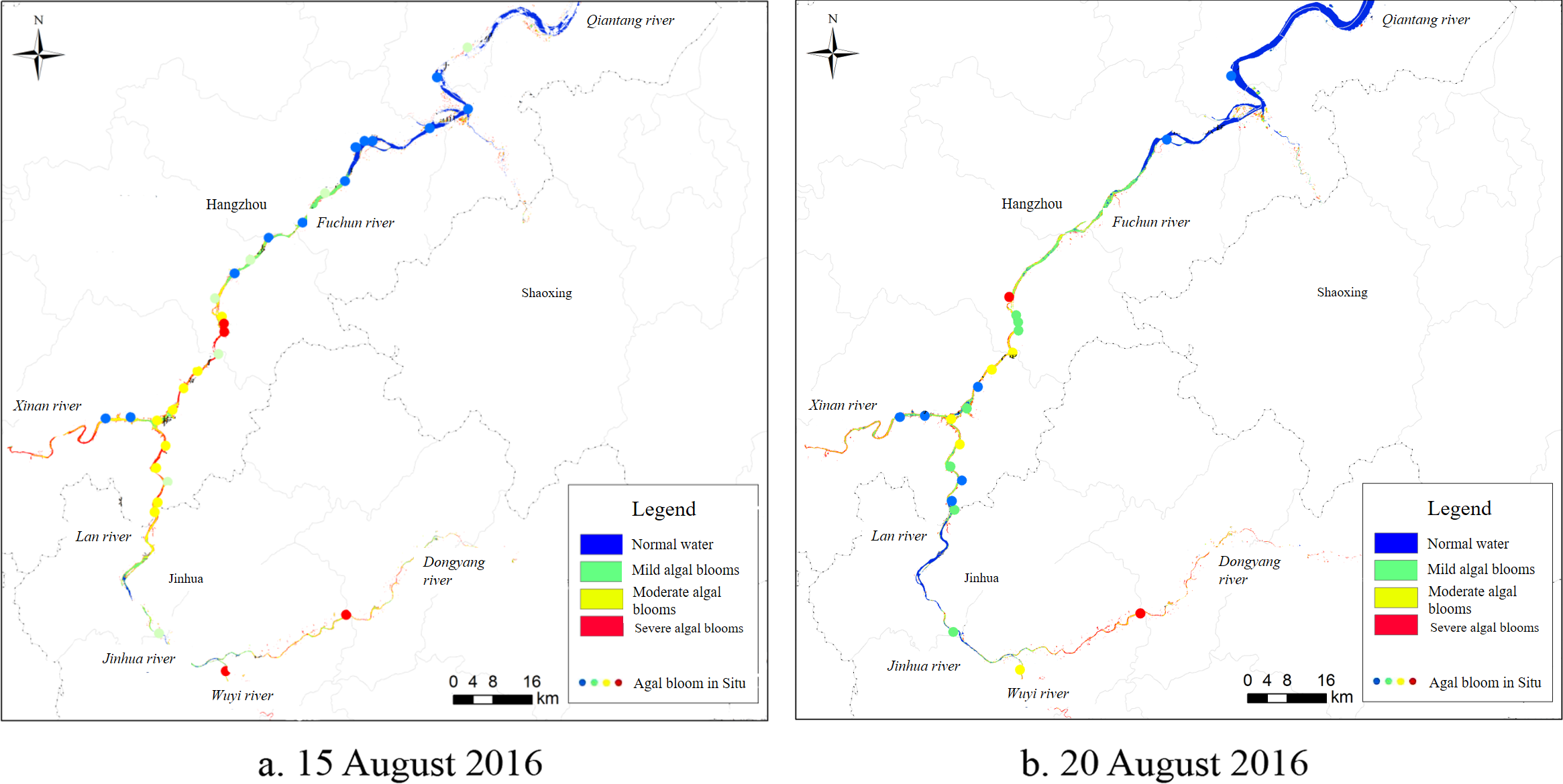 Two side-by-side maps of river regions are shown. Map (a) depicts normal water in blue, mild algal blooms in green, moderate blooms in yellow, and severe blooms in red. Notable rivers include Xinan, Lan, Jinhua, and Fuchun, with cities like Hangzhou and Jinhua marked. Map (b) shares the same legend and locations, illustrating similar water conditions and bloom severity. Both maps feature a north arrow and scale bar, with legends indicating different bloom intensities.
