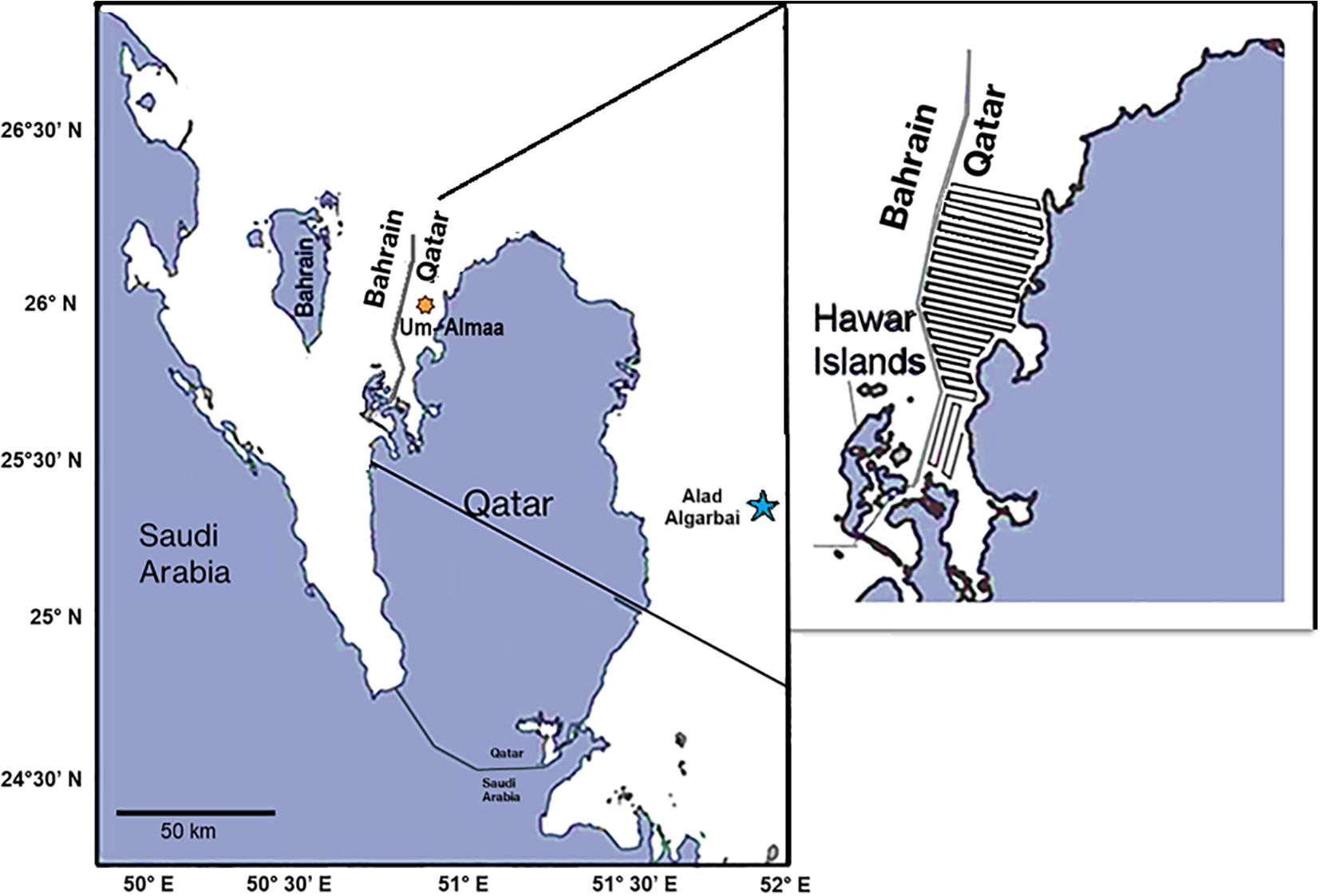 Map showing the geographical region of the study area, northwest of Qatar. Insets highlight the boat track.. Key locations include Umm Alma'a, marked with a star, and Alad Algarbai. A scale indicates 50 kilometers for distance reference.