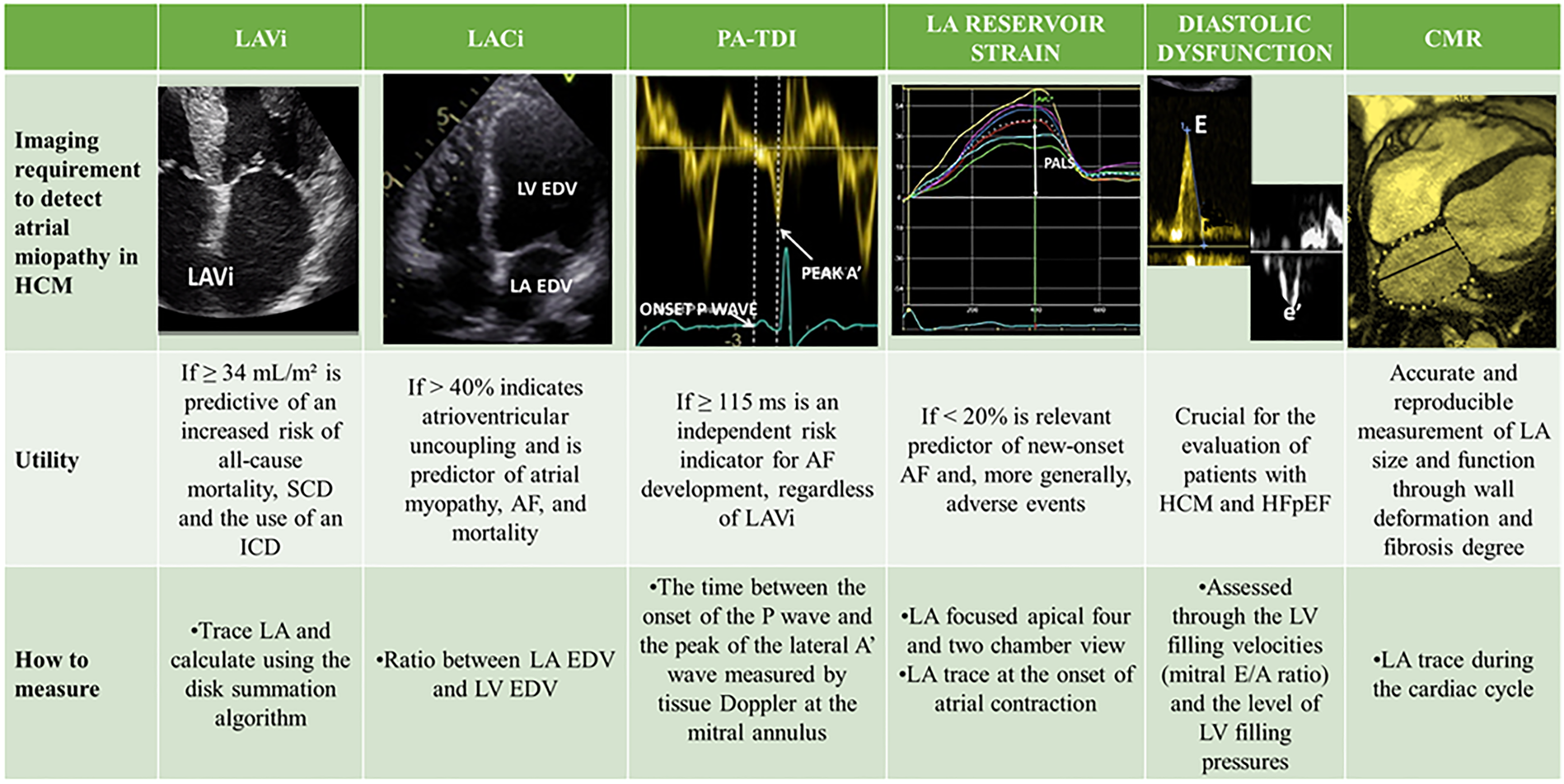 A chart depicting imaging requirements to detect atrial myopathy in hypertrophic cardiomyopathy (HCM). It includes categories: LAVi, LACi, PA-TDI, LA Reservoir Strain, Diastolic Dysfunction, and CMR. Each category outlines specific imaging or measurement techniques, utilities for risk prediction, and assessment methods. Emphasis is placed on left atrial volume index (LAVi), atrioventricular uncoupling, atrial fibrillation (AF) indicators, new-onset AF prediction, cardiac evaluations, and left atrial (LA) size and function measurement through various technologies, including Doppler and MRI. Each column provides detailed criteria related to measurement and clinical implications.