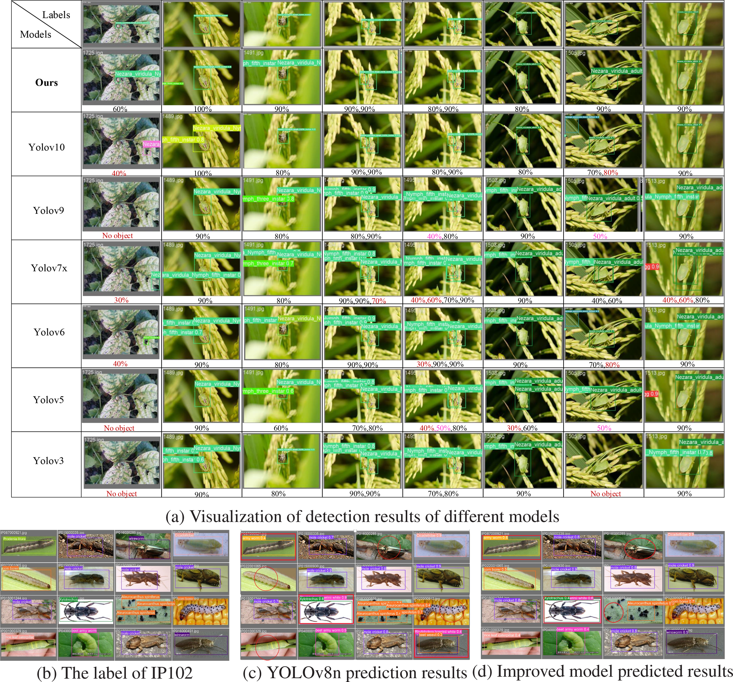 Comparison of object detection results using different models for image analysis. The first panel (a) shows rice plants with each model's detection accuracy labeled in percentages. The second (b) and third (c) panels display various insects with detection boxes around them, including accuracy percentages. The fourth panel (d) shows similar insect images with detection results but focuses more on detailed insect features. Each section highlights differences in detection performance, emphasizing higher accuracy for the “Ours” model compared to other YOLO variants.