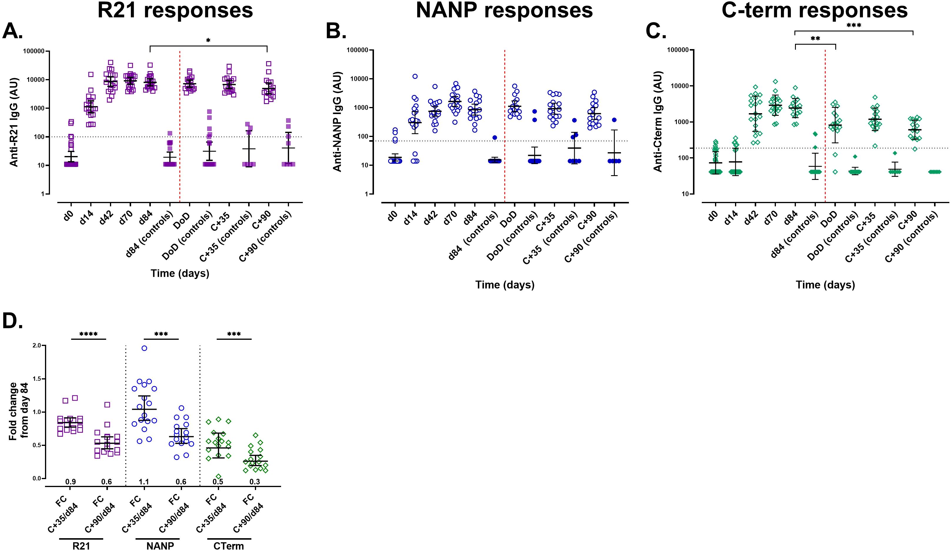 Four panels displaying antibody response data over time after R21 vaccination. Panel A shows anti-R21 IgG responses with significant differences marked by an asterisk. Panel B shows anti-NANP IgG responses. Panel C shows anti-C-term IgG responses, with statistical significance marked by asterisks. Panel D compares fold changes in antibody responses from day eighty-four, with significance noted by asterisks. Each panel includes various time points and control comparisons.