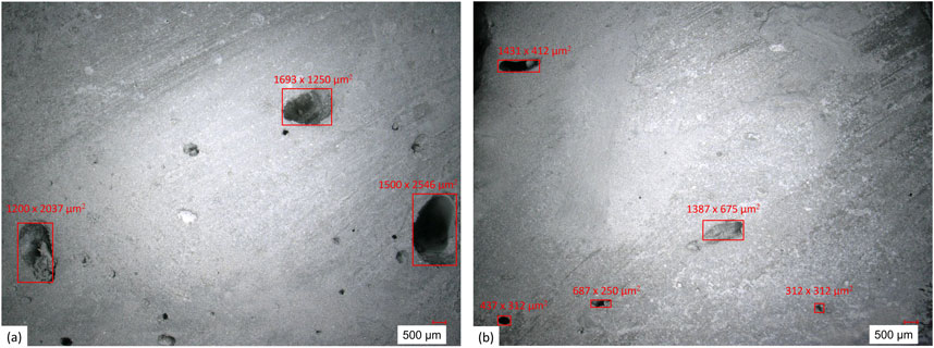 Microscopic images of a surface are shown with various irregular shapes outlined in red. Each shape is labeled with its dimensions in square micrometers. Image (a) highlights larger areas like 1200 by 2037 µm², while image (b) features smaller shapes, including 687 by 250 µm². Both images include a scale bar indicating 500 micrometers.