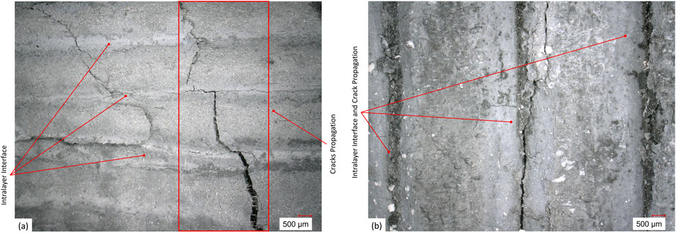 Close-up images of cracked surfaces showing crack propagation and intralayer interfaces. Image (a) highlights locations of intralayer interfaces with red arrows, while image (b) shows both intralayer interfaces and crack propagation, with arrows pointing at these features. A scale bar indicates 500 micrometers.