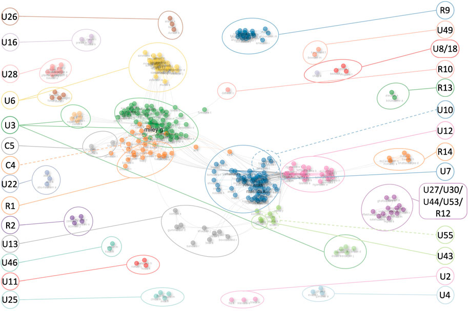 Network diagram showing interconnected groups represented by colored clusters and lines. Central clusters labeled