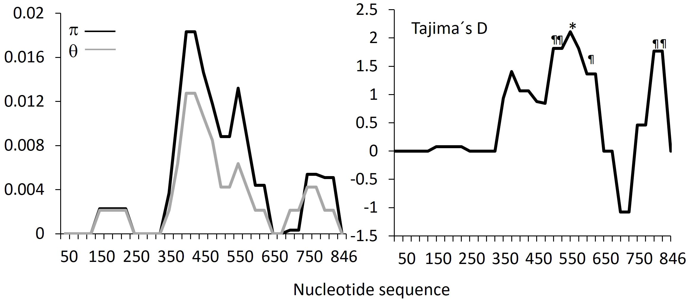 Graphs depicting slide window analysis of nucleotide diversity. The left graph shows \(\pi\) and \(\theta\) over a nucleotide sequence with values ranging from 0 to 0.02. The right graph displays Tajima's D values from -1.5 to 2.5 over the same sequence. Notable peaks and annotations are marked, indicating specific sequence positions.