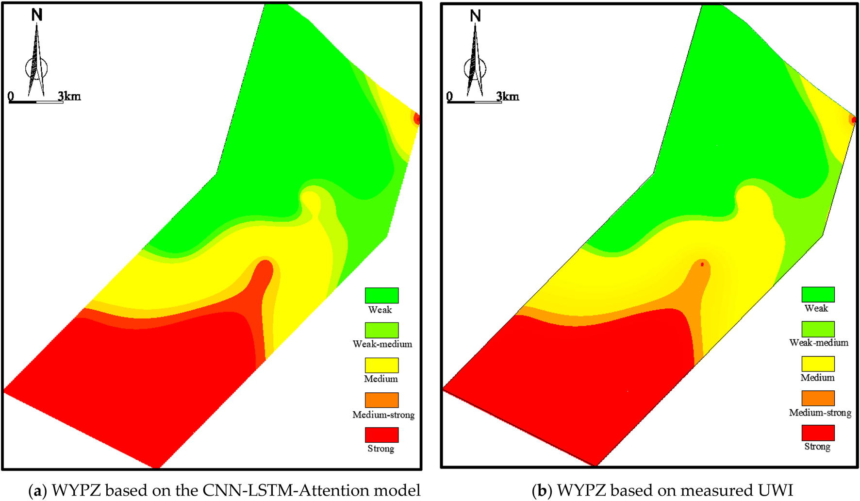 Side-by-side colored contour maps showing WYPZ zones based on strength. The left map uses the CNN-LSTM-Attention model, while the right map is based on measured UWI. Both maps use a color gradient from green (weak) to red (strong) with a similar distribution pattern. A scale in kilometers and a north arrow are included.