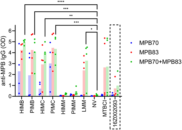 Bar graph with scatter plot overlays showing anti-MPB IgG optical density values across various groups. Groups labeled on the x-axis include HMB, PIMB, HMIC, PIMC, PIMM, LMM, NV, M. TB complex, and C16202093. Blue, red, and green dots represent MPB70, MPB83, and their combination, respectively. Statistical significance is indicated with asterisks above the bars.