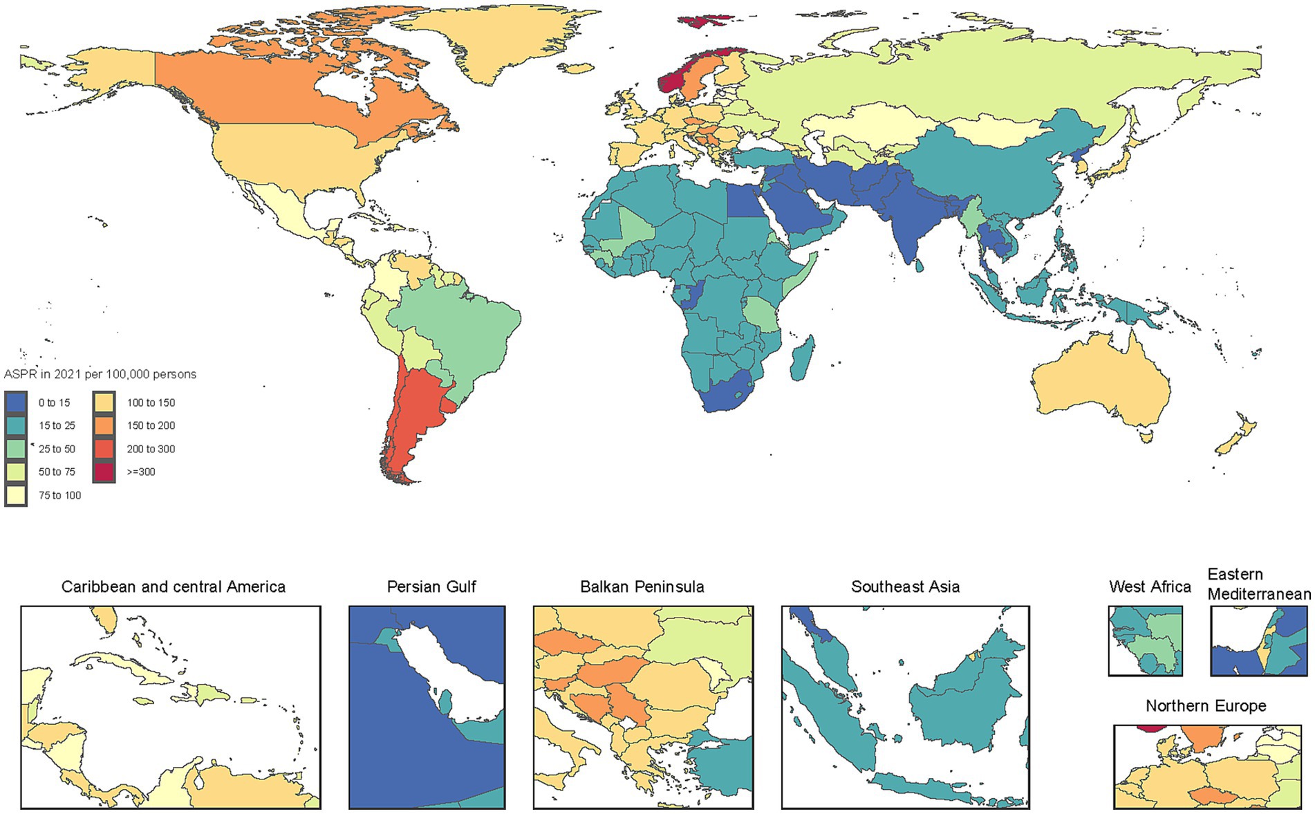 World map displaying Age-Standardized Prevalence Rate (ASPR) in 2021 per 100,000 persons, using a color gradient from blue to red indicating values from 0 to over 300. Dark blue signifies the lowest rate, while red indicates the highest. Insets show detailed views of the Caribbean and Central America, Persian Gulf, Balkan Peninsula, Southeast Asia, West Africa, Eastern Mediterranean, and Northern Europe, highlighting regional variations in prevalence.