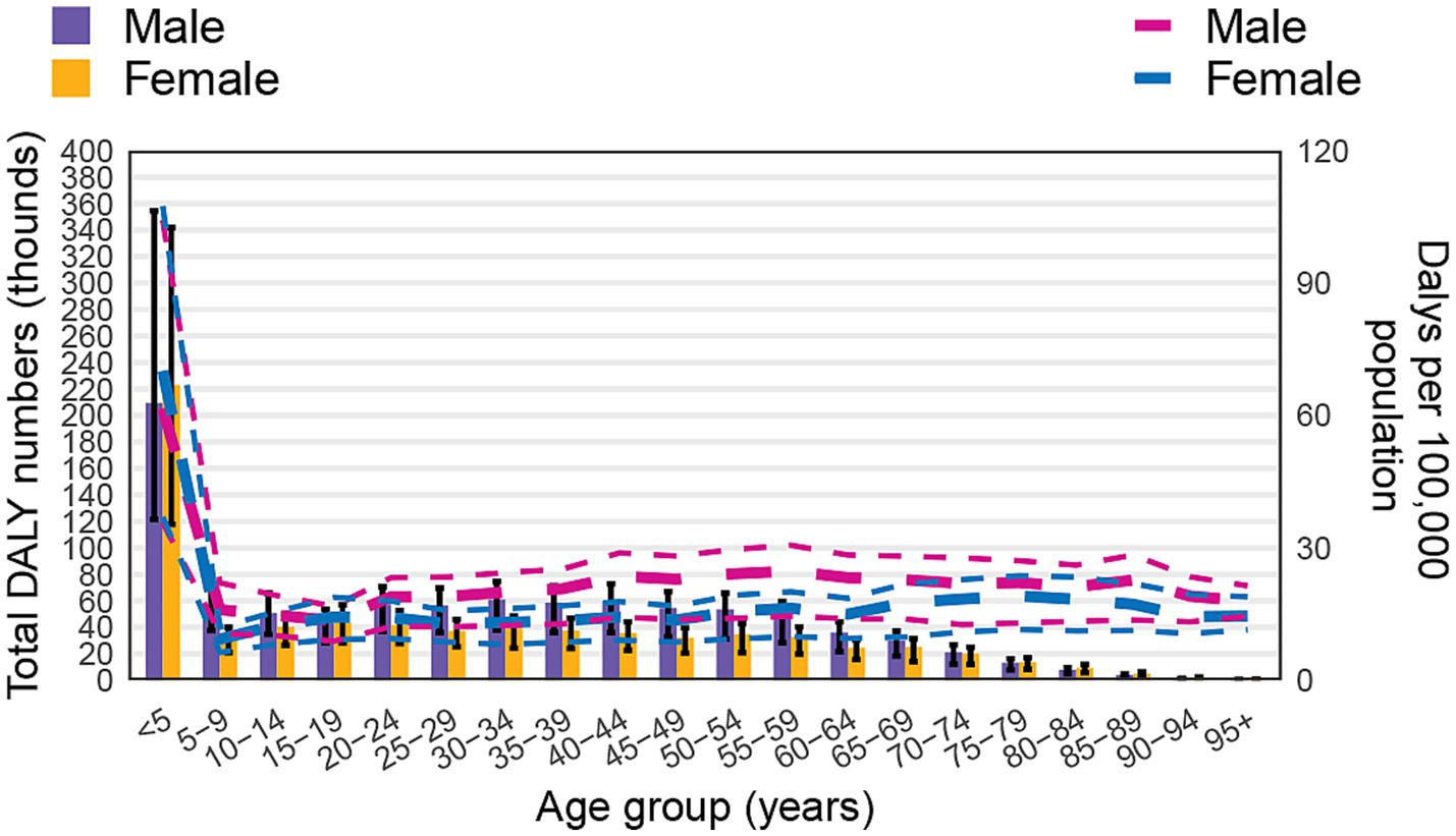 Bar and line graph showing Disability-Adjusted Life Years (DALY) numbers for males and females across different age groups. Males, shown in purple and pink, present higher DALYs compared to females, shown in yellow and blue, especially in younger age groups. The x-axis denotes age groups from under five to ninety-five plus years, and the y-axes display total DALYs in thousands and DALYs per 100,000 population.
