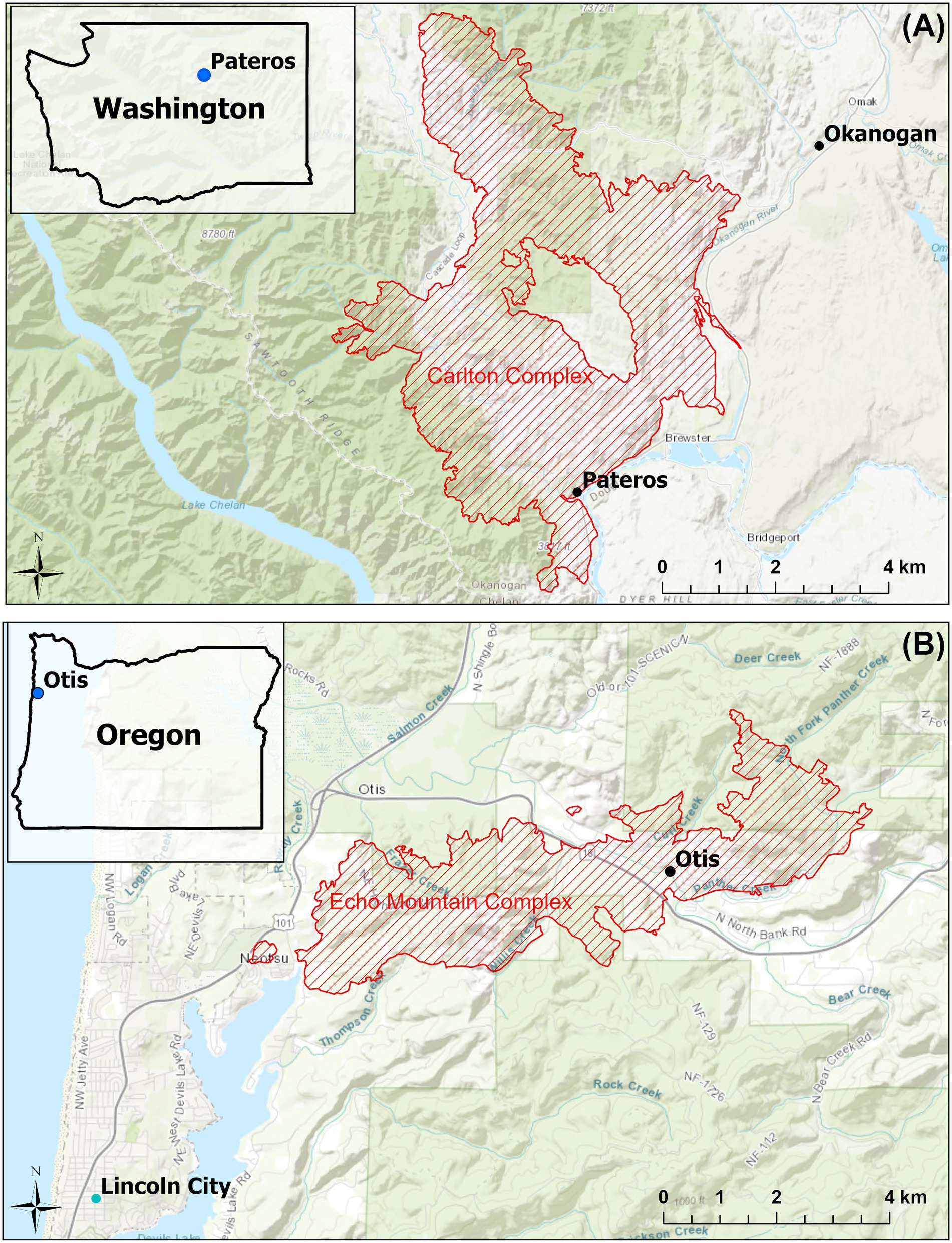 Two maps show fire complexes in the Pacific Northwest. (A) depicts the Carlton Complex near Pateros, Washington, outlined in red. (B) shows the Echo Mountain Complex near Otis, Oregon, also outlined in red. Insets indicate locations within each state.
