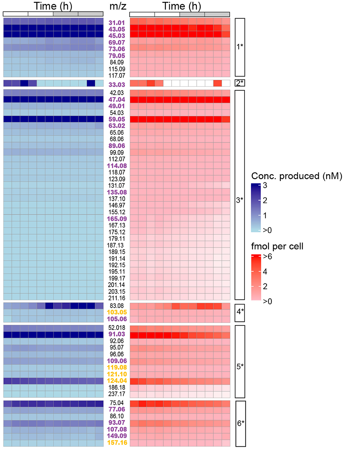 Heatmap illustrating time-based metabolite production with m/z values on the vertical axis. Shades of blue indicate concentration in nanomolar (nM) and shades of red represent femptomoles per cell. Darker shades denote higher levels. Specific m/z values are highlighted according to their presence in KEGG pathways for P. tricornutum or plants.
