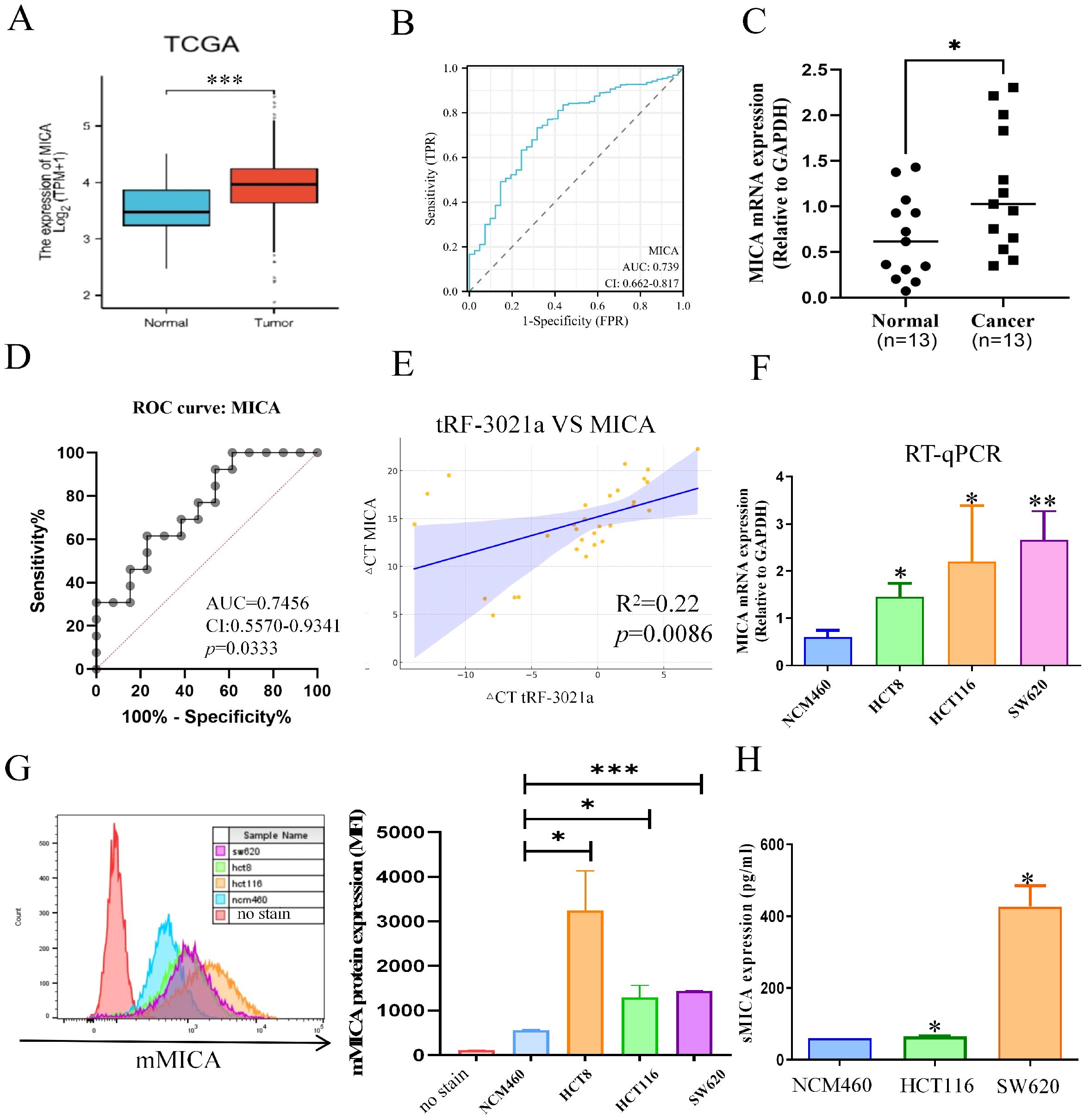 Composite image displaying various graphs and charts related to MICA expression in normal and cancer cells. A: Box plot showing significant MICA expression differences between normal and tumor tissues (***p<0.001). B: ROC curve with AUC of 0.7039, indicating MICA's diagnostic capability. C: Scatter plot showing MICA mRNA expression in normal and cancer tissues with significant increase in cancer (*p<0.05). D: ROC curve highlighting AUC of 0.7456 for MICA. E: Scatter plot of tRF-3021a versus MICA with linear regression (R²=0.22, p=0.0086). F: Bar graph from RT-qPCR showing varying MICA mRNA expressions among different cell lines, significant in HCT8, HCT116, and SW620. G: Flow cytometry histogram and bar graph displaying mMICA protein expression, notably high in HCT8. H: Bar graph depicting sMICA expression with substantial increase in HCT8. Statistical significance is marked on relevant comparisons.