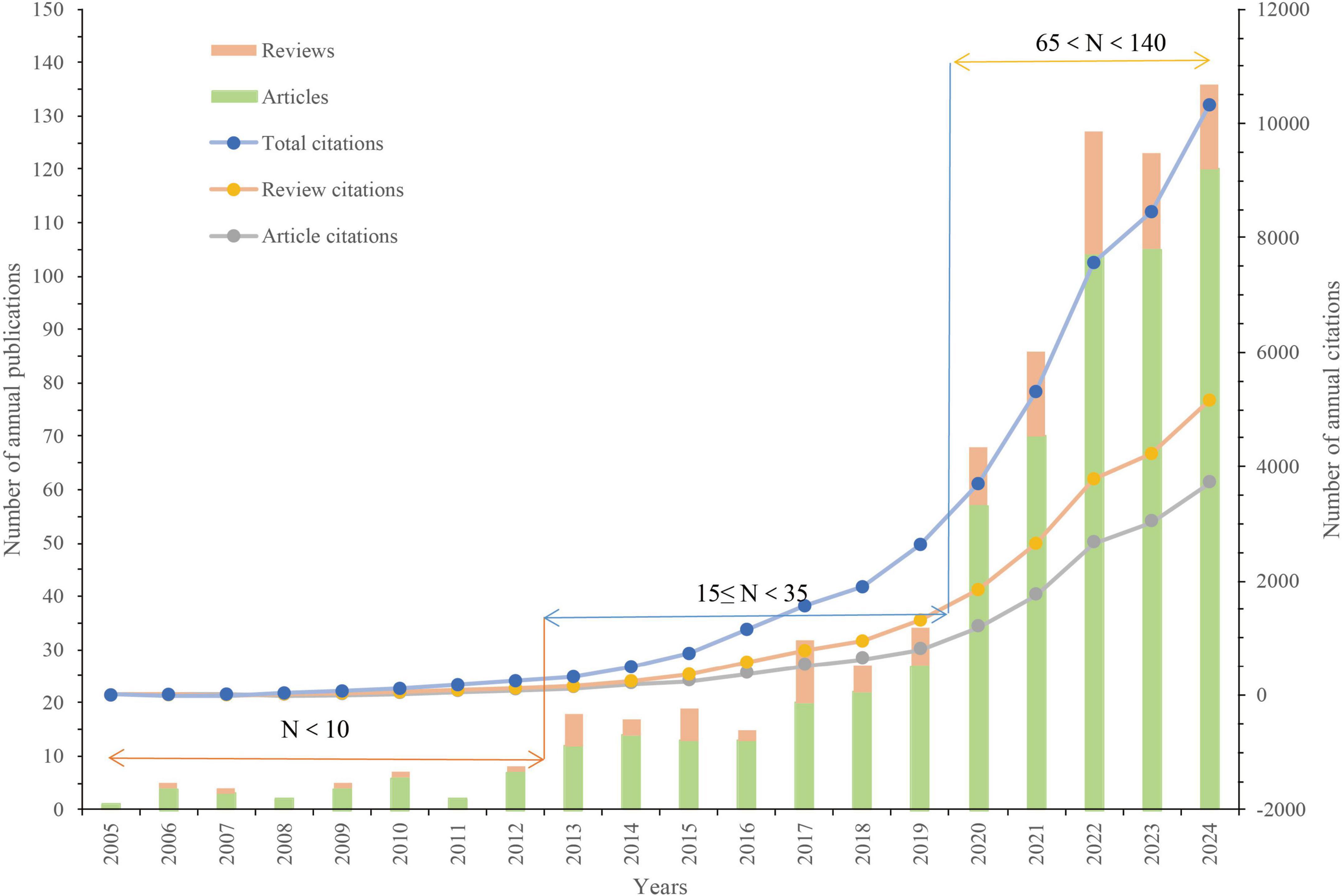 Bar and line graph showing annual publications and citations from 2005 to 2024. Bars represent reviews and articles, while lines show total, review, and article citations. Publications rise significantly post-2014, with citations increasing markedly after 2019. Upper sections highlight ranges N < 10, 15 ≤ N < 35, and 65 < N < 140.