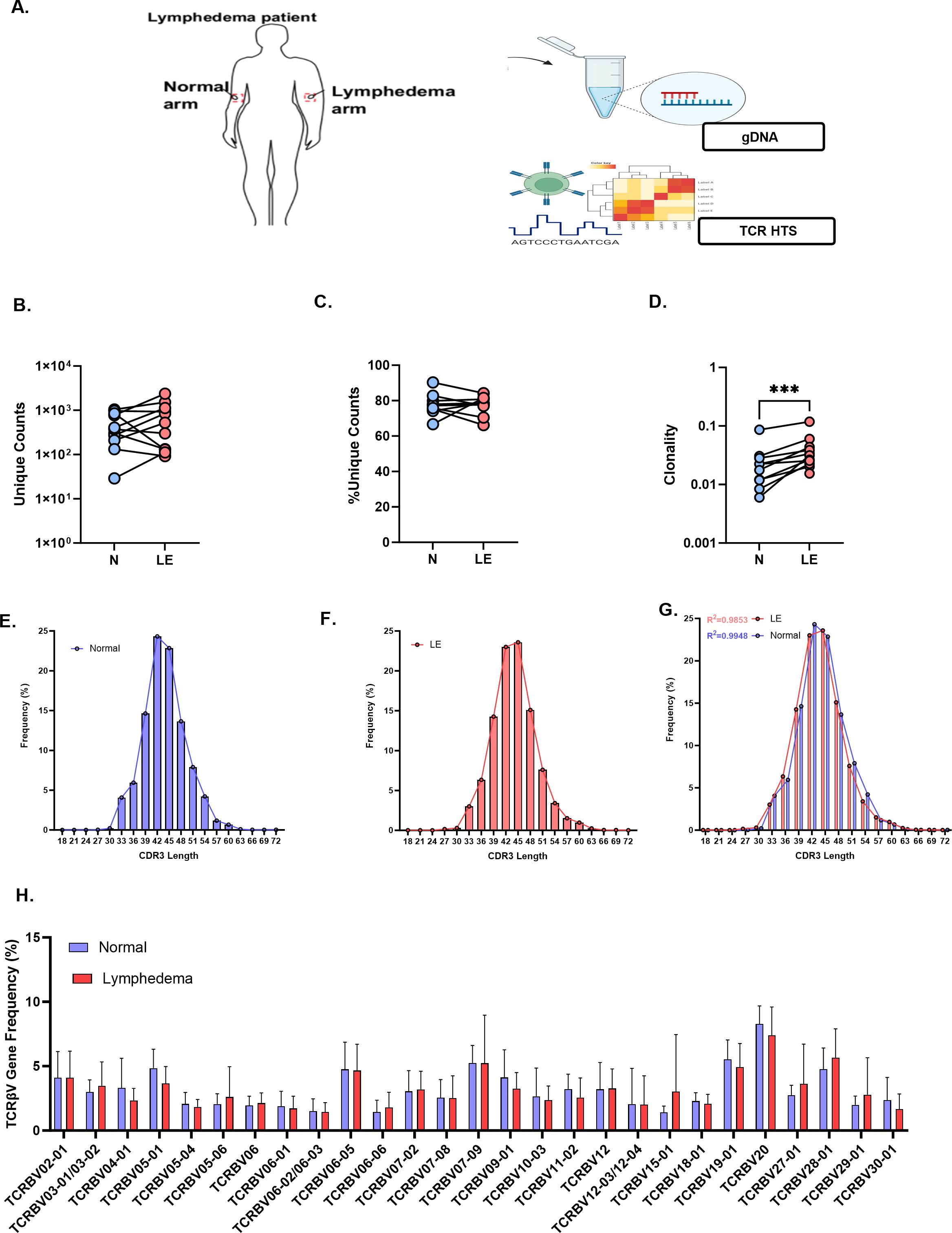 Diagram and graphs depicting a lymphedema study. Panel A illustrates sample collection from both normal and lymphedema arms, followed by DNA and TCR sequencing. Panel B shows unique count comparisons between normal (N) and lymphedema (LE) arms. Panel C presents percentage of unique counts. Panel D highlights clonality differences with significant statistical indication. Panels E and F are histograms showing CDR3 length frequencies for normal and LE tissues. Panel G overlays these histograms for comparison. Panel H displays TCRBV gene frequency percentages between normal and LE samples.