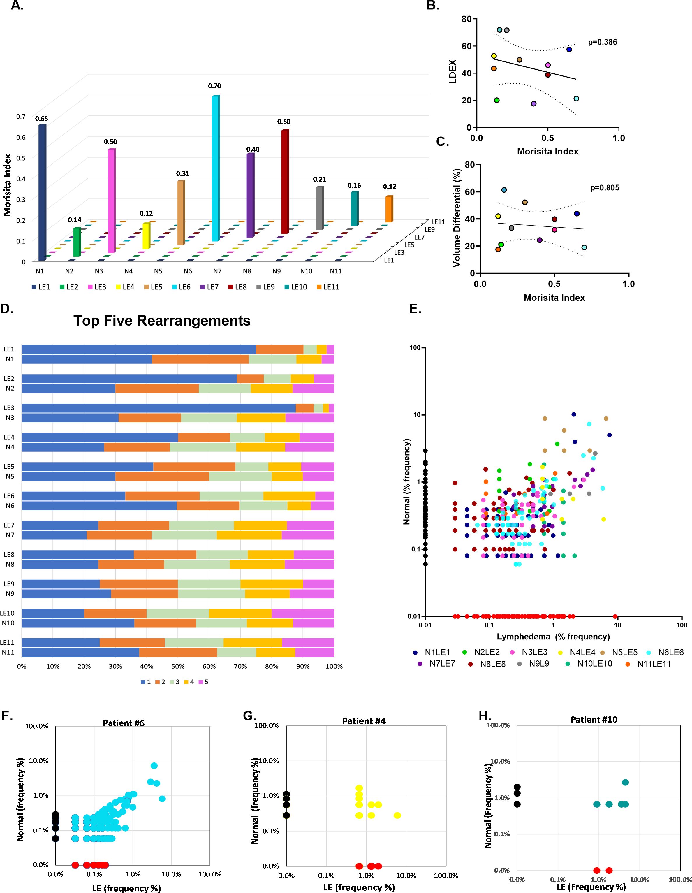 A series of charts and graphs analyzing data: A. Bar graph comparing the Morisita index across groups N1 to N11 and LE1 to LE11, highlighting values. B. Scatter plot showing the correlation between LDEX and the Morisita index, annotated with \( p = 0.386 \). C. Scatter plot evaluating volume differential versus Morisita index with \( p = 0.805 \). D. Stacked bar chart illustrating the top five rearrangements for LE1 to LE11 and N1 to N11, differentiated by color. E. Scatter plot comparing lymphoedema frequency with normal frequency, color-coded by data labels. F-H. Scatter plots for patients #6, #4, #10 showing normal versus LE frequency, differentiated by colors.