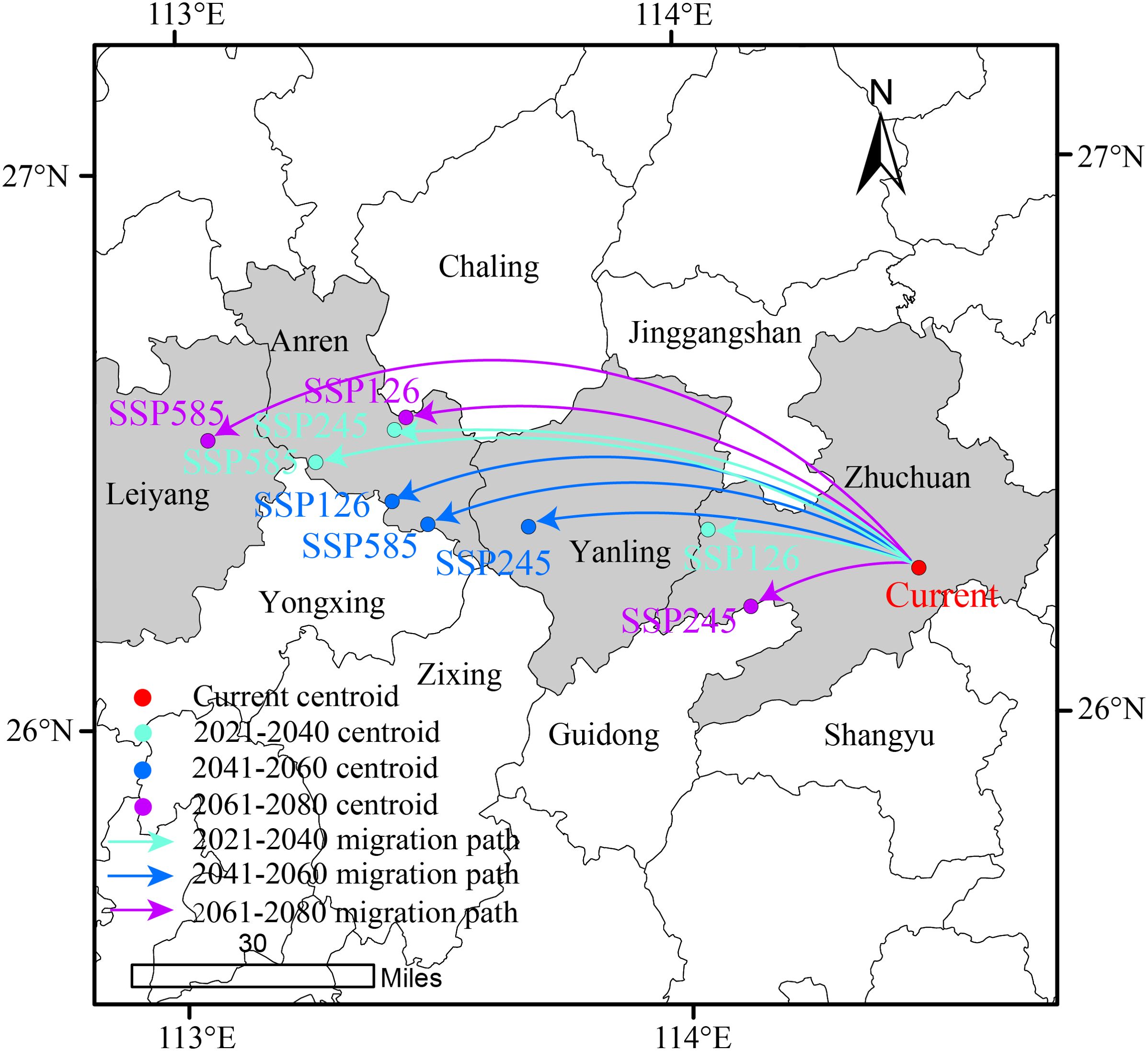 Map illustrating projected climate migration paths and centroids for SSP scenarios in southeast China. Red shows the current centroid, while teal, blue, and purple indicate shifts from 2021 to 2080. Arrows represent migration paths, with labels SSP126, SSP245, and SSP585. Major locations include Zhuchuan, Yanling, and Leiyang. North arrow and scale provided.