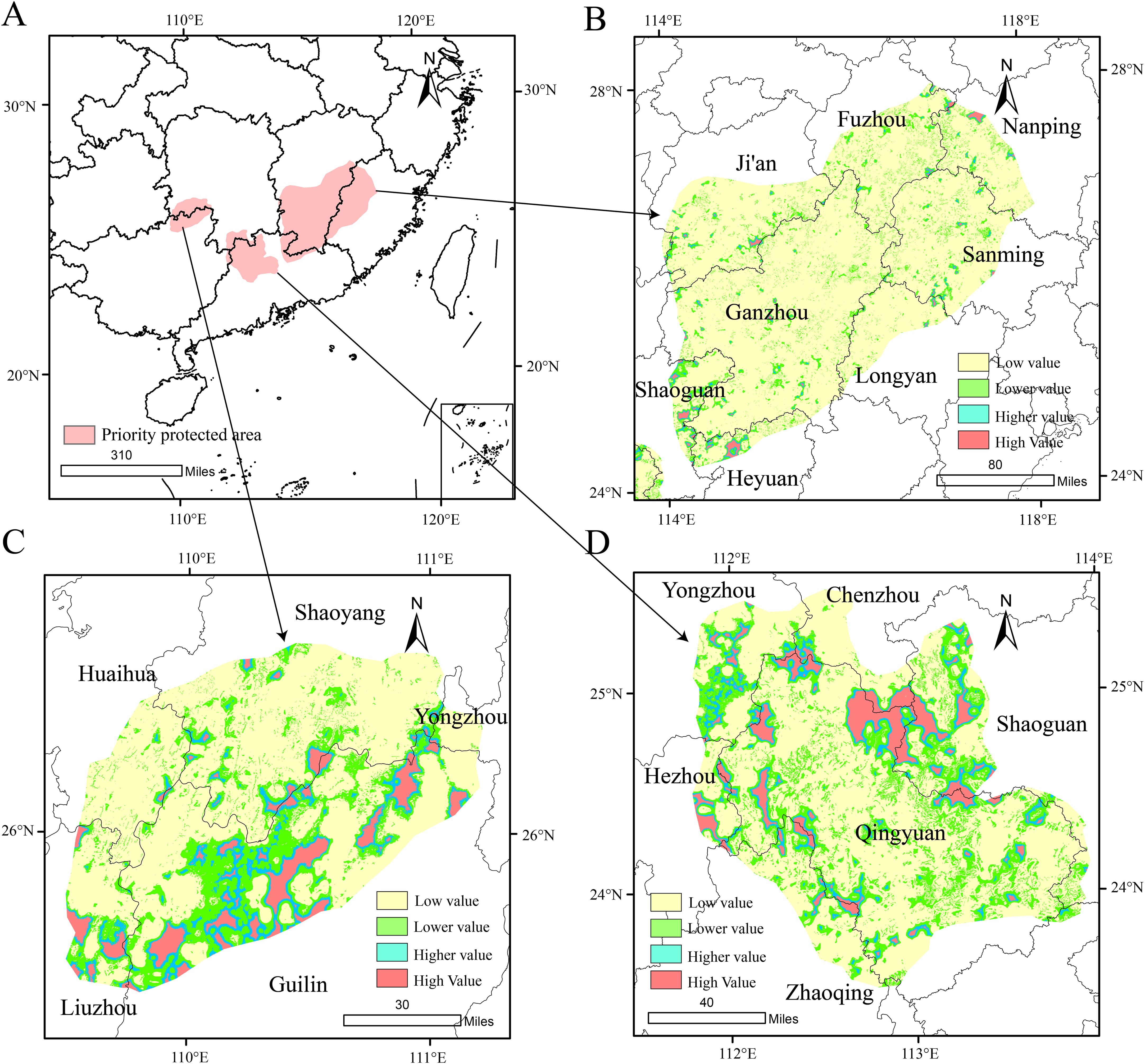 Map showing priority protected areas in southern China. Panel A highlights the broader region with a pink area denoting the priority protected area. Panels B, C, and D provide detailed maps of specific regions with values ranging from low to high, indicated in shades of green to red. Cities like Fuzhou, Yongzhou, and Chenzhou are marked. Arrows connect the broader map to the detailed regions.
