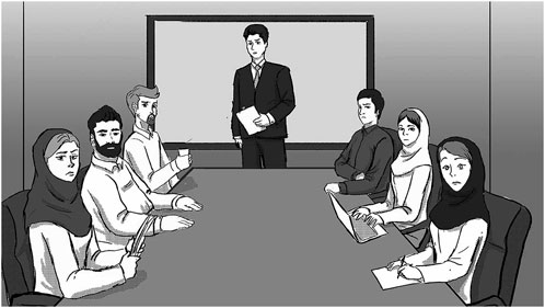 A black-and-white illustration depicting a business meeting. Six people are seated around a conference table, facing a standing presenter who is holding a folder. Some attendees have laptops and notepads, and two women are wearing headscarves. A blank screen is visible behind the presenter.