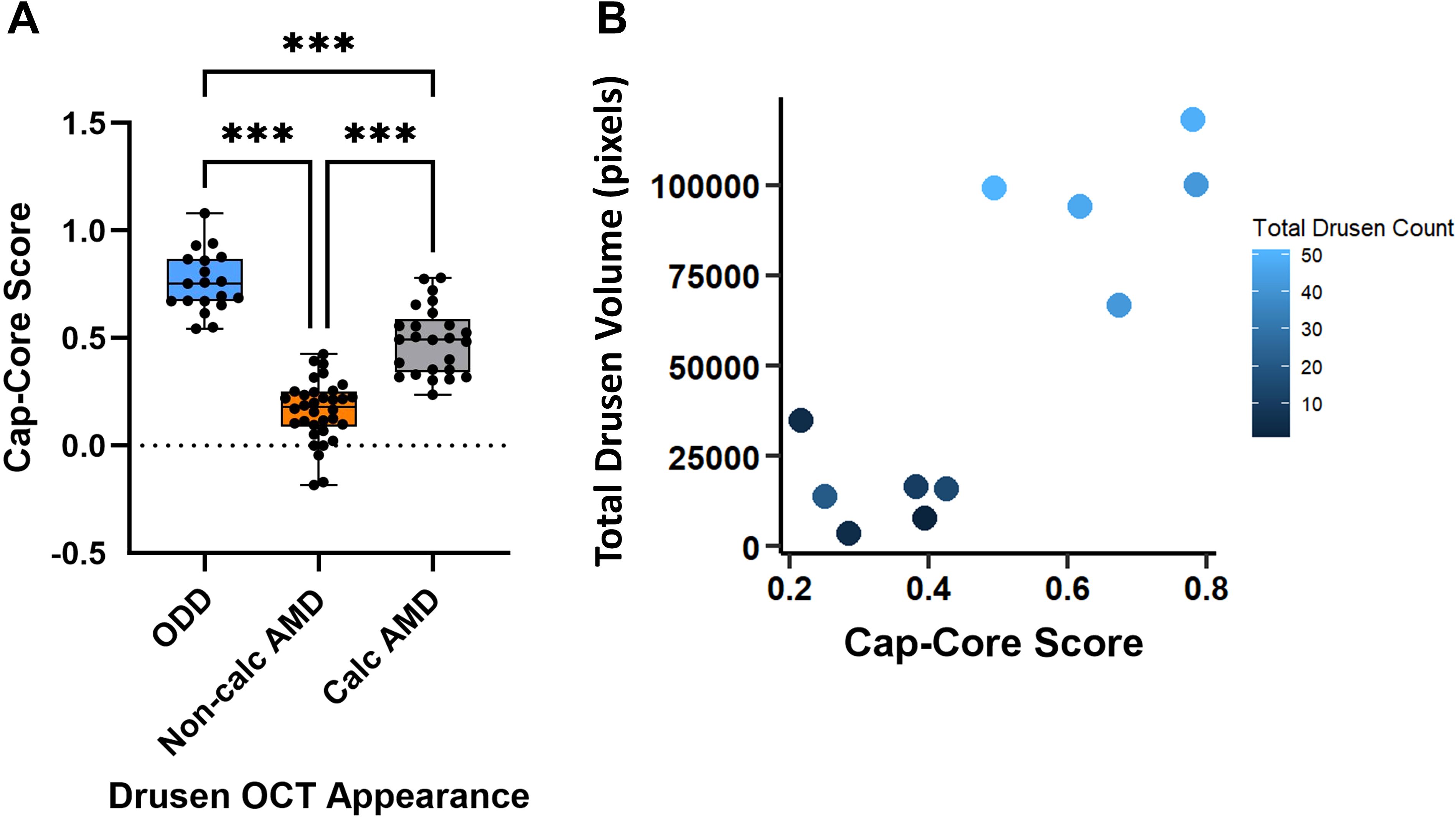 Panel A shows a box plot comparing Cap-Core Scores for three groups: ODD, Non-calc AMD, and Calc AMD. ODD shows significantly higher scores than Non-calc and Calc AMD, as indicated by asterisks. Panel B presents a scatter plot of Cap-Core Score versus Total Drusen Volume in pixels, with point colors representing Total Drusen Count.