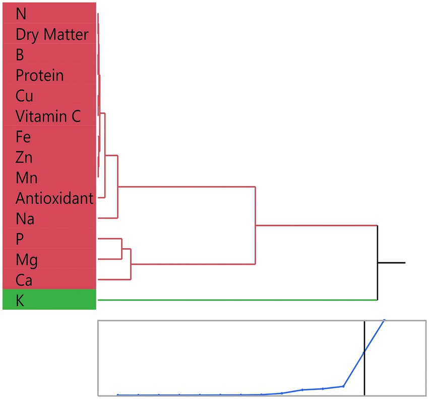 Dendrogram and scree plot showing data clustering for various nutrients: nitrogen, dry matter, boron, protein, copper, vitamin C, iron, zinc, manganese, antioxidants, sodium, phosphorus, magnesium, calcium, and potassium. The dendrogram illustrates hierarchical relationships, while the scree plot displays variance explained by each component.
