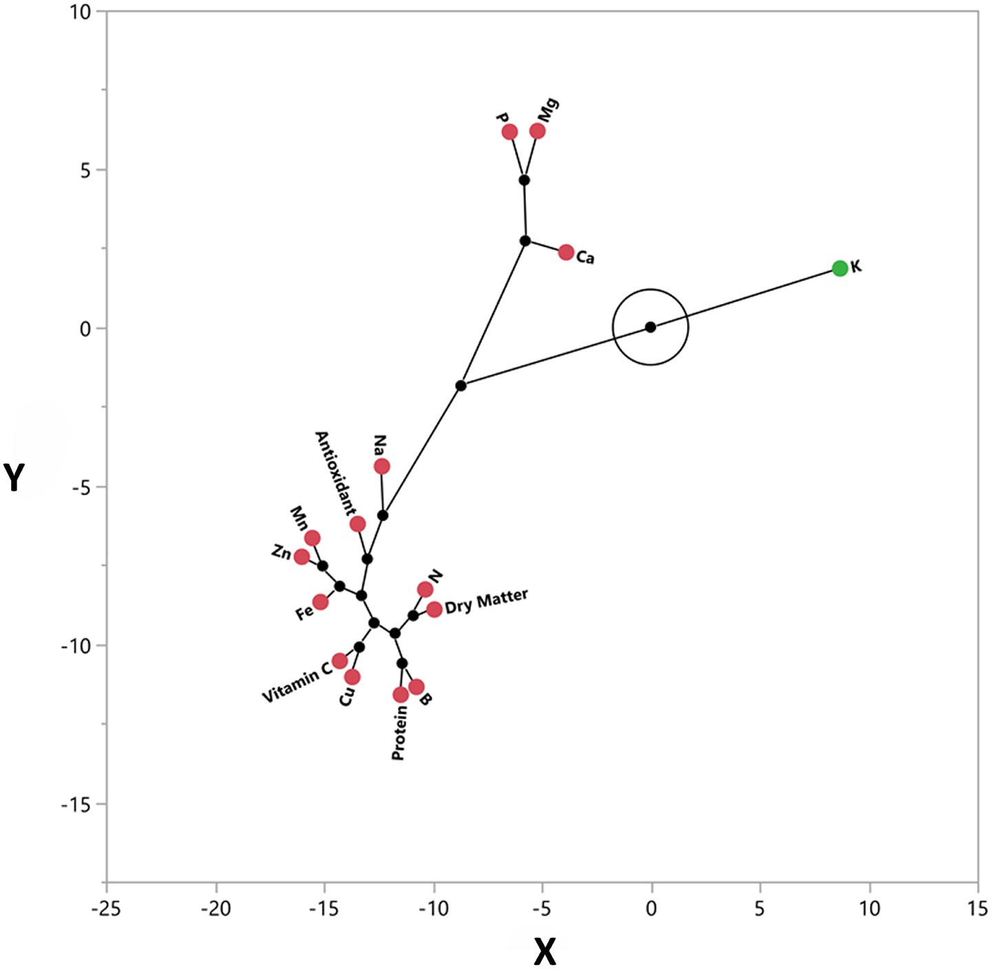 Biplot displaying relationships among variables such as nutrients and compounds. Variables are labeled, including Protein, Vitamin C, Antioxidant, and minerals like Zn, Fe, Mg, and Ca. Points are connected by lines indicating correlations, with axes labeled X and Y.
