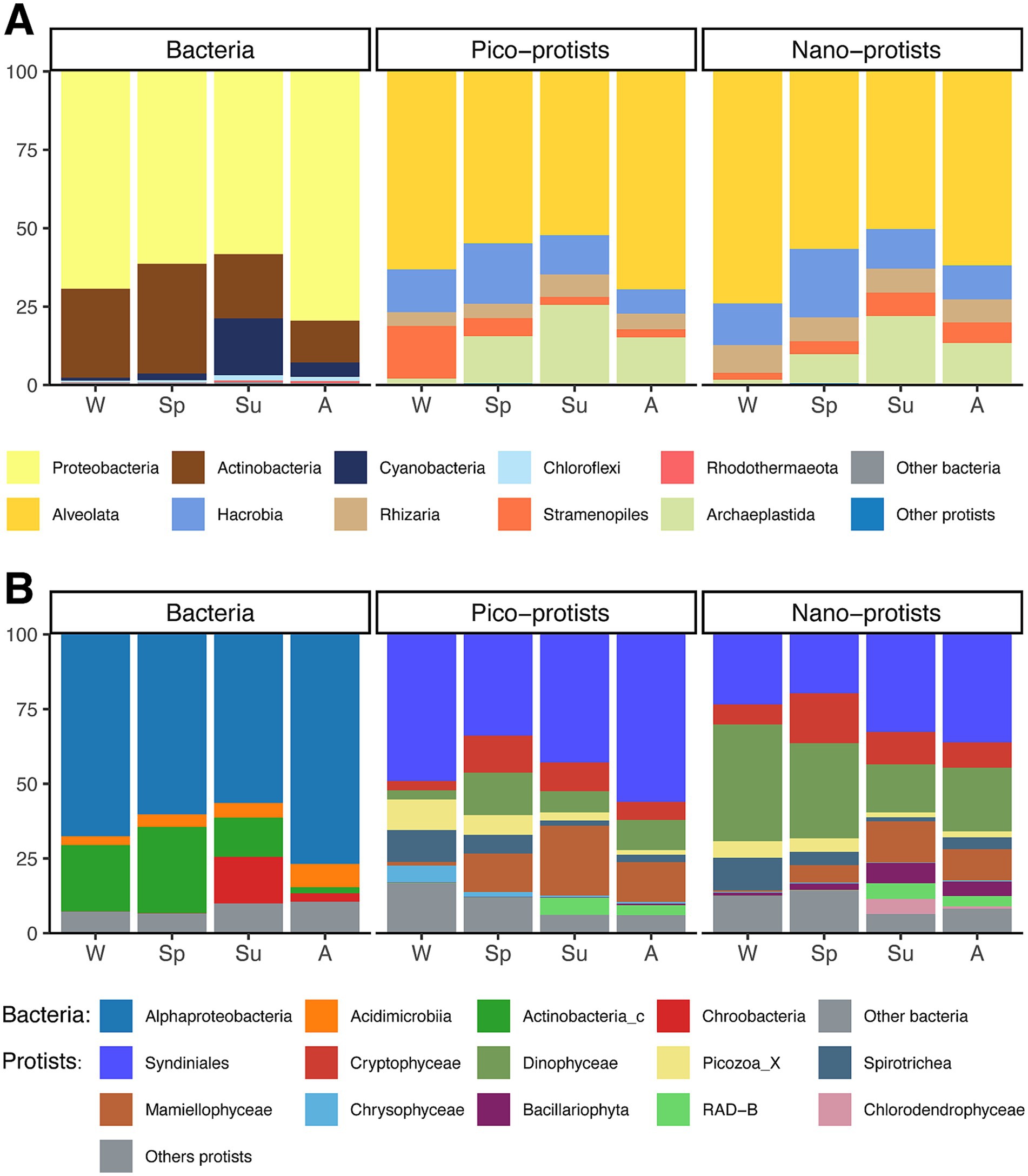 Two stacked bar charts labeled A and B show the relative abundance of various bacteria and protists across four seasons: Winter (W), Spring (Sp), Summer (Su), and Autumn (A). Chart A includes groups like Proteobacteria, Actinobacteria, and Alveolata, while Chart B features Alphaproteobacteria, Acidimicrobiia, and Syndiniales. Each chart is divided into sections for Bacteria, Pico-protists, and Nano-protists, with a color-coded legend below indicating different species.
