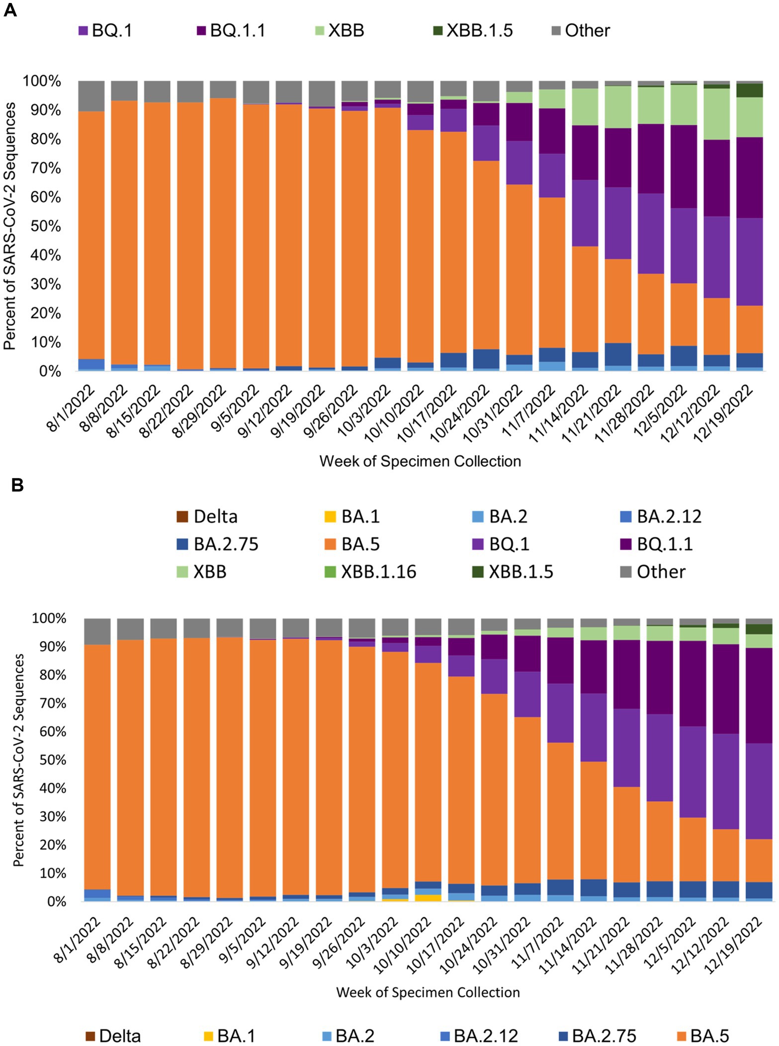 Two bar charts labeled A and B show the percentage distribution of SARS-CoV-2 sequences by variant from August to December 2022. Each chart uses different colors to represent variants like Delta, BA.1, BA.5, BQ.1, XBB, XBB.1.5, and others. The charts reveal shifting variant predominance over time.