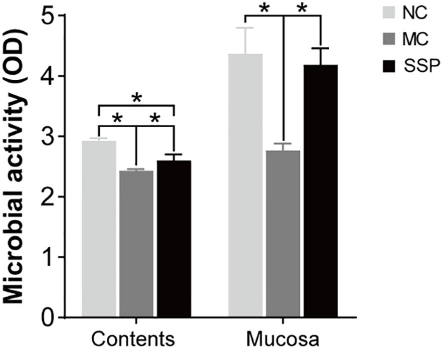 Bar chart depicting microbial activity (OD) for Contents and Mucosa. Three groups are shown: NC, MC, and SSP. NC has higher activity in both sections compared to MC and SSP. Significant differences are marked with asterisks.