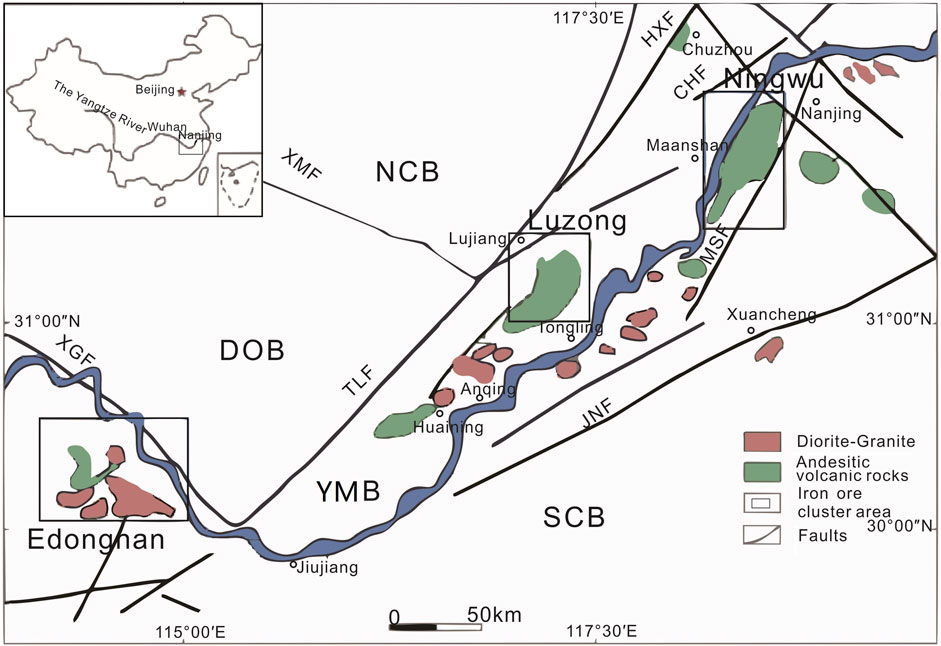 Geological map showing regions in eastern China, including NCB, DOB, YMB, and SCB, with key locations like Luzong and Ningwu. Color-coded areas represent diorite-granite, andesitic volcanic rocks, and iron ore cluster areas. Major cities, rivers, and fault lines are indicated. An inset highlights the map's location within China.